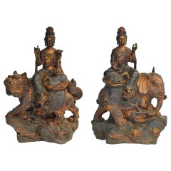 Vintage Pair of Polychrome Bronze Avalokiteshvara Buddha Statues