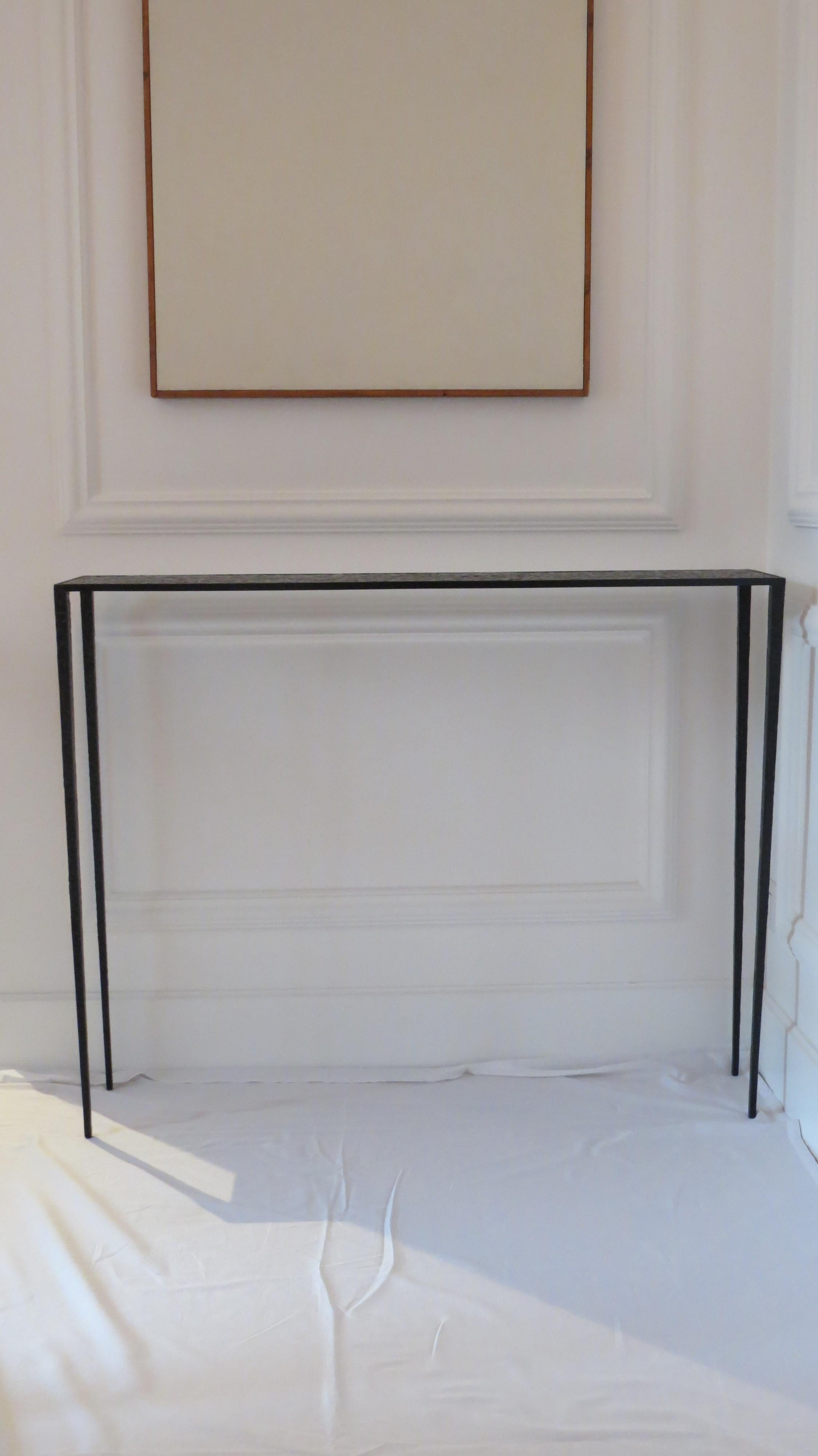 Minimalist Pair of Important Black Brass Console Tables 