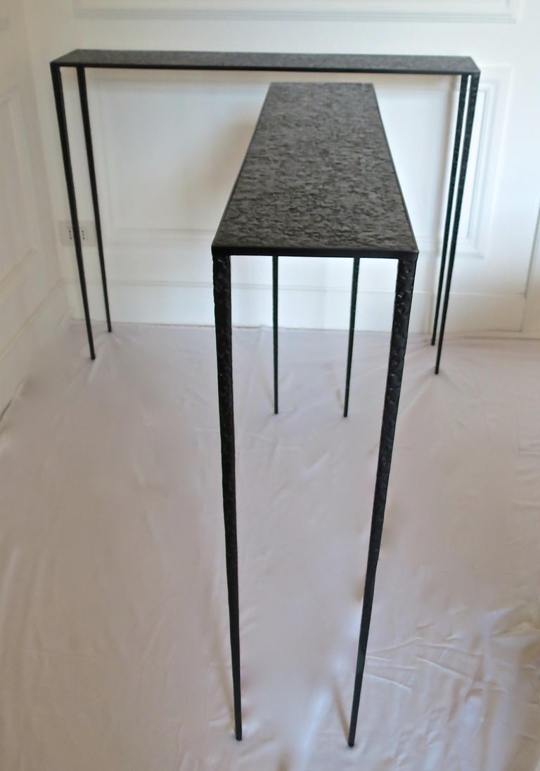 Cast Pair of Important Black Brass Console Tables 