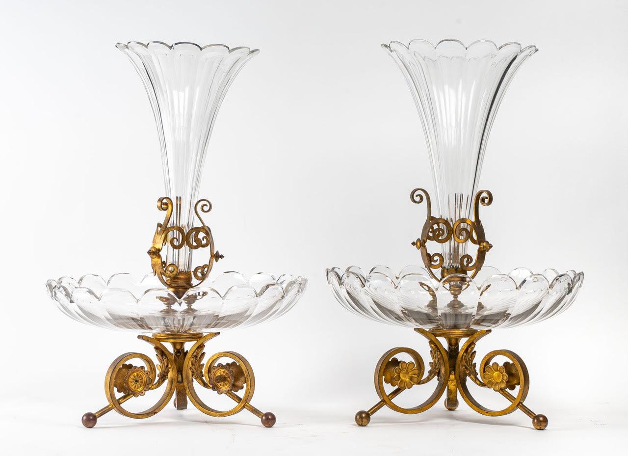 European Pair of Important Bronze and Crystal Centerpieces
