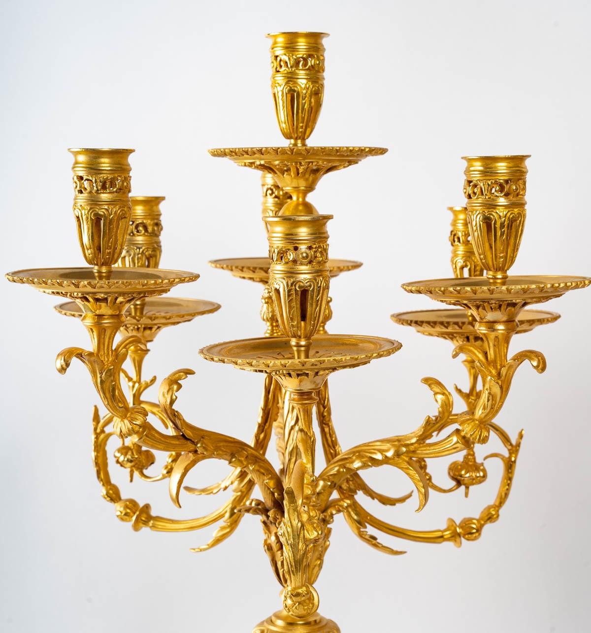 Pair of Important Candelabra in Gilt Bronze and Griotte Marble 4