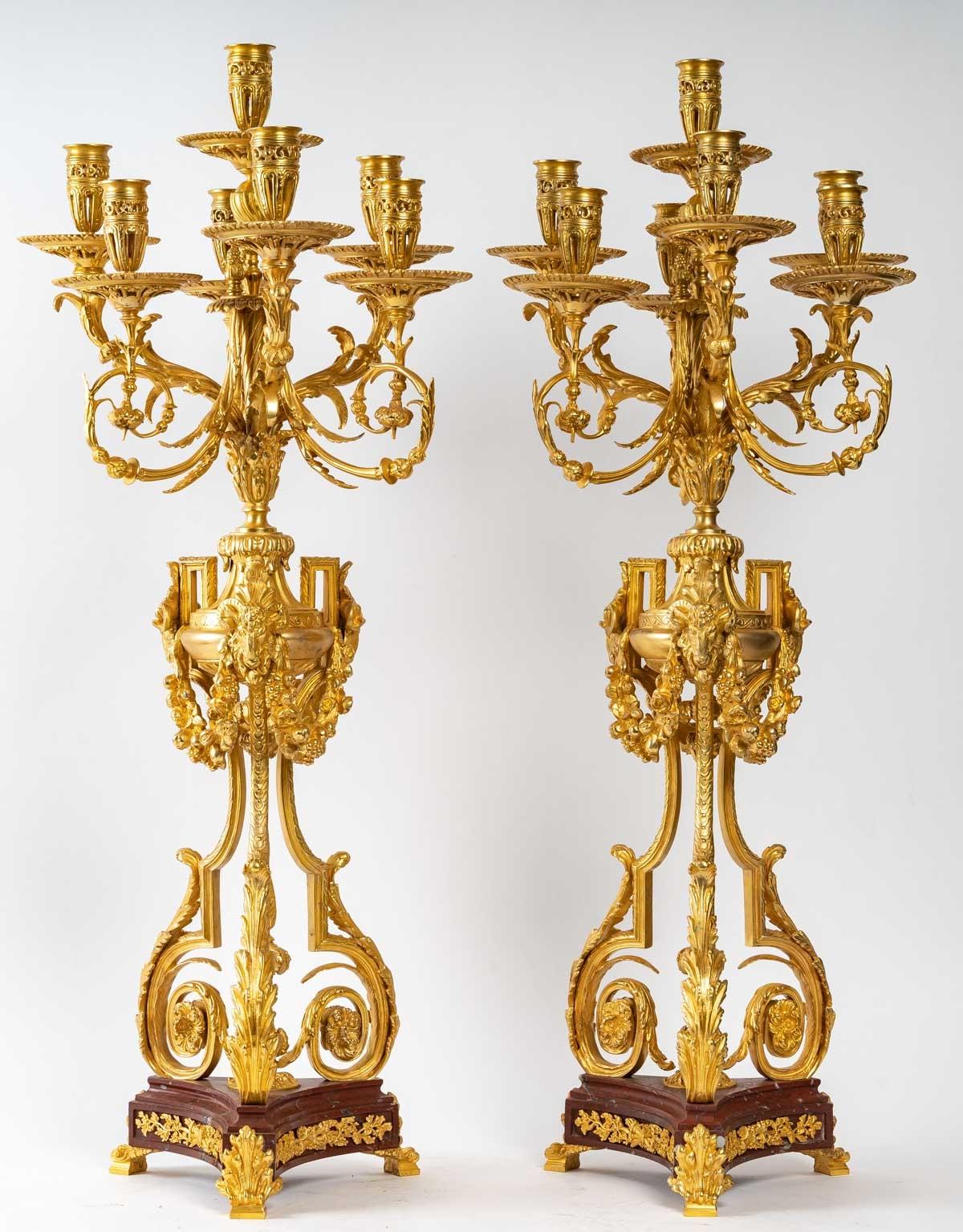 Pair of Important Candelabra in Gilt Bronze and Griotte Marble 8