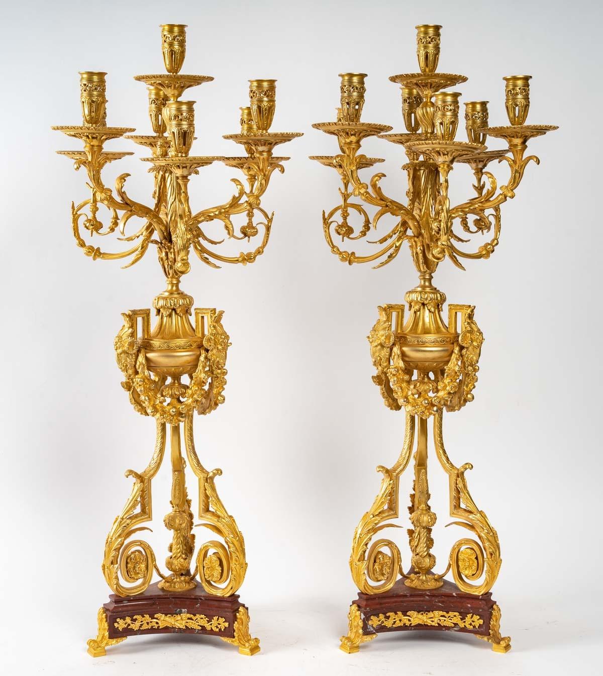 Pair of Important Candelabra in Gilt Bronze and Griotte Marble 11