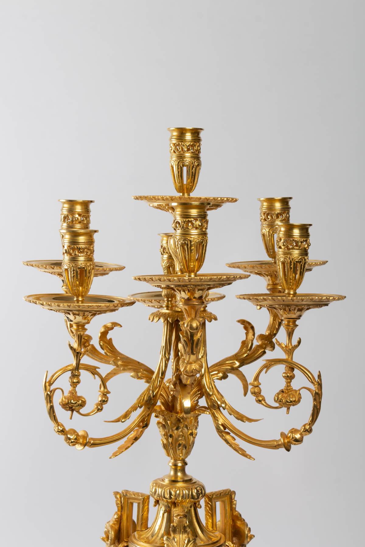 Napoleon III Pair of Important Candelabra in Gilt Bronze and Griotte Marble