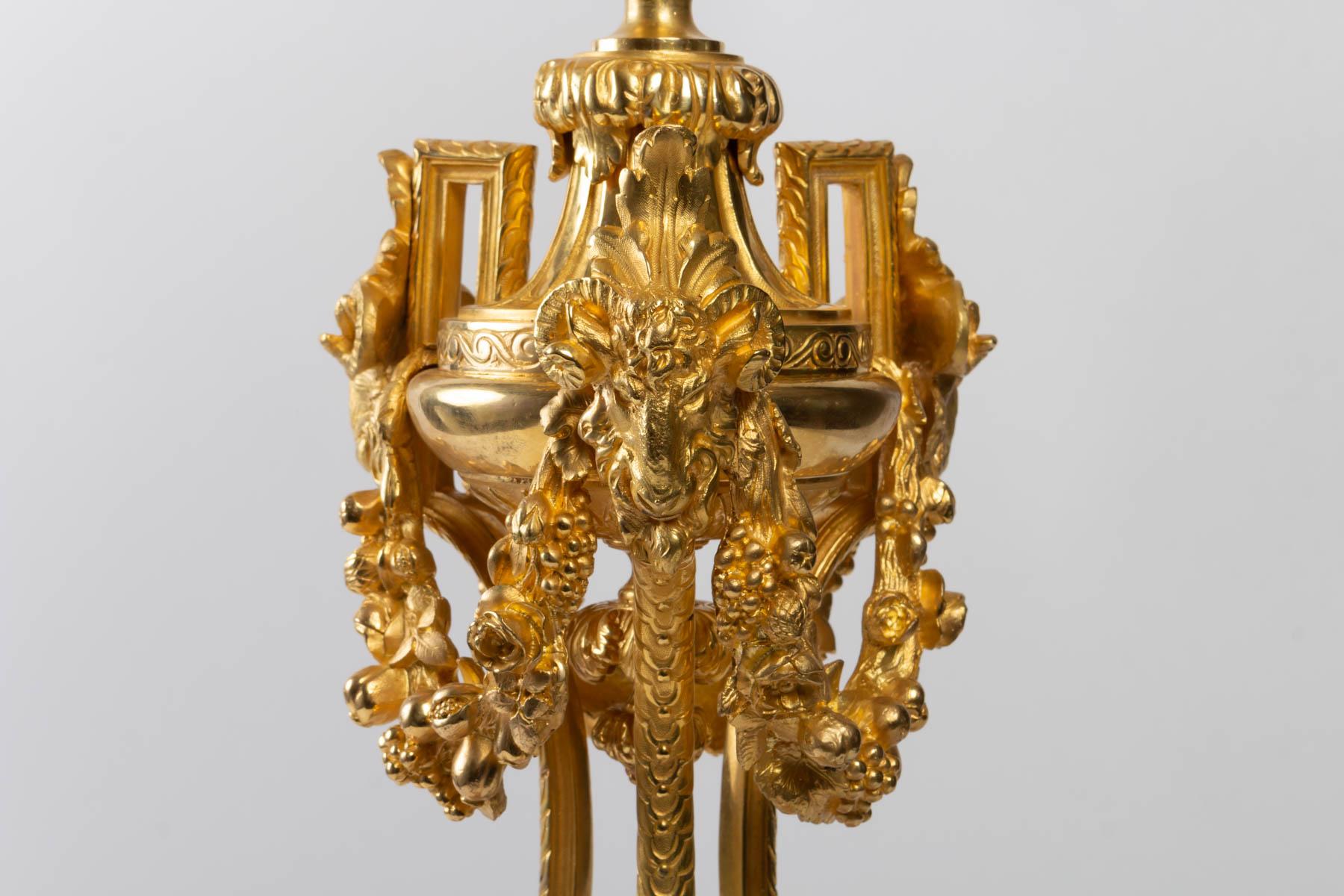 French Pair of Important Candelabra in Gilt Bronze and Griotte Marble