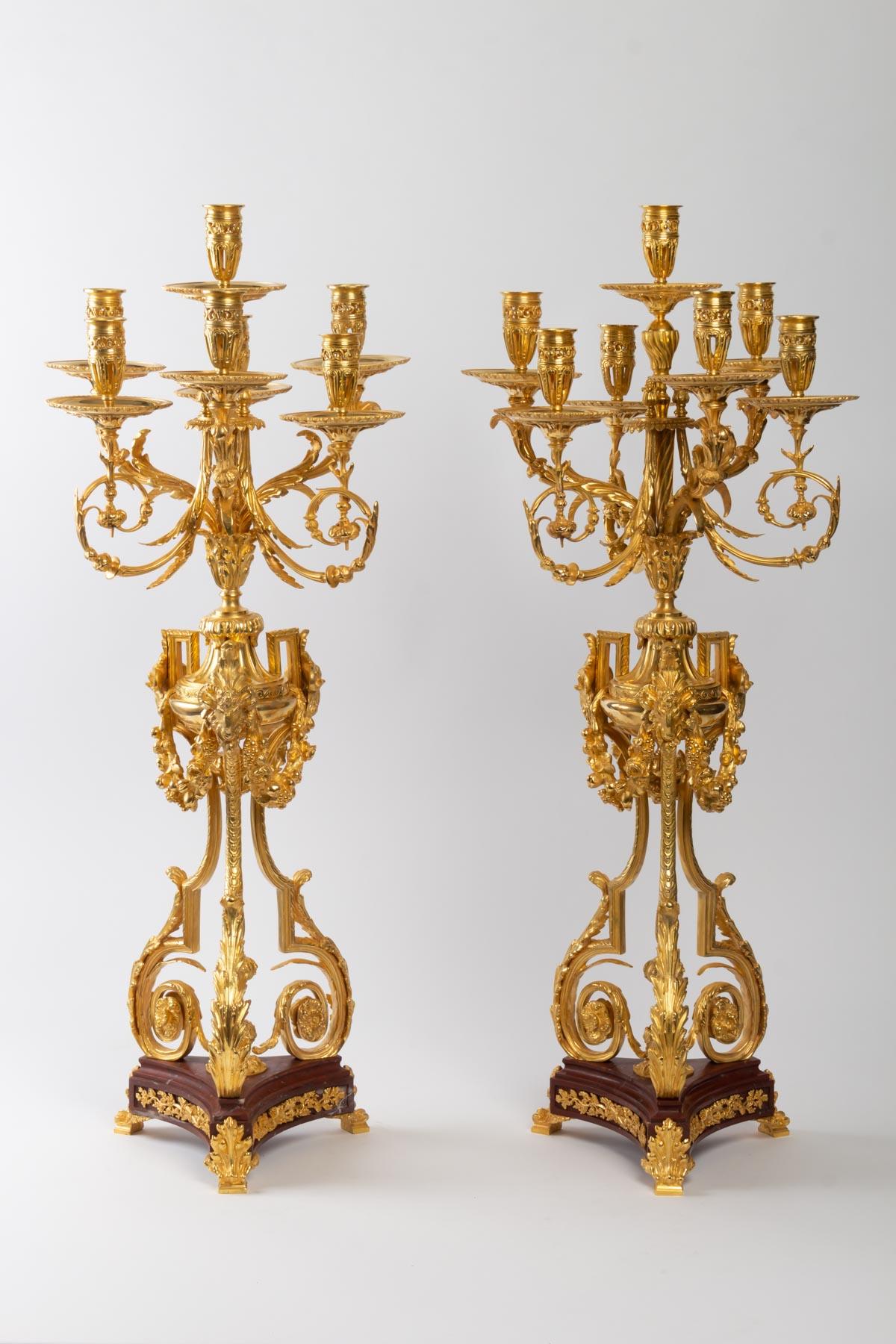 Pair of Important Candelabra in Gilt Bronze and Griotte Marble 1