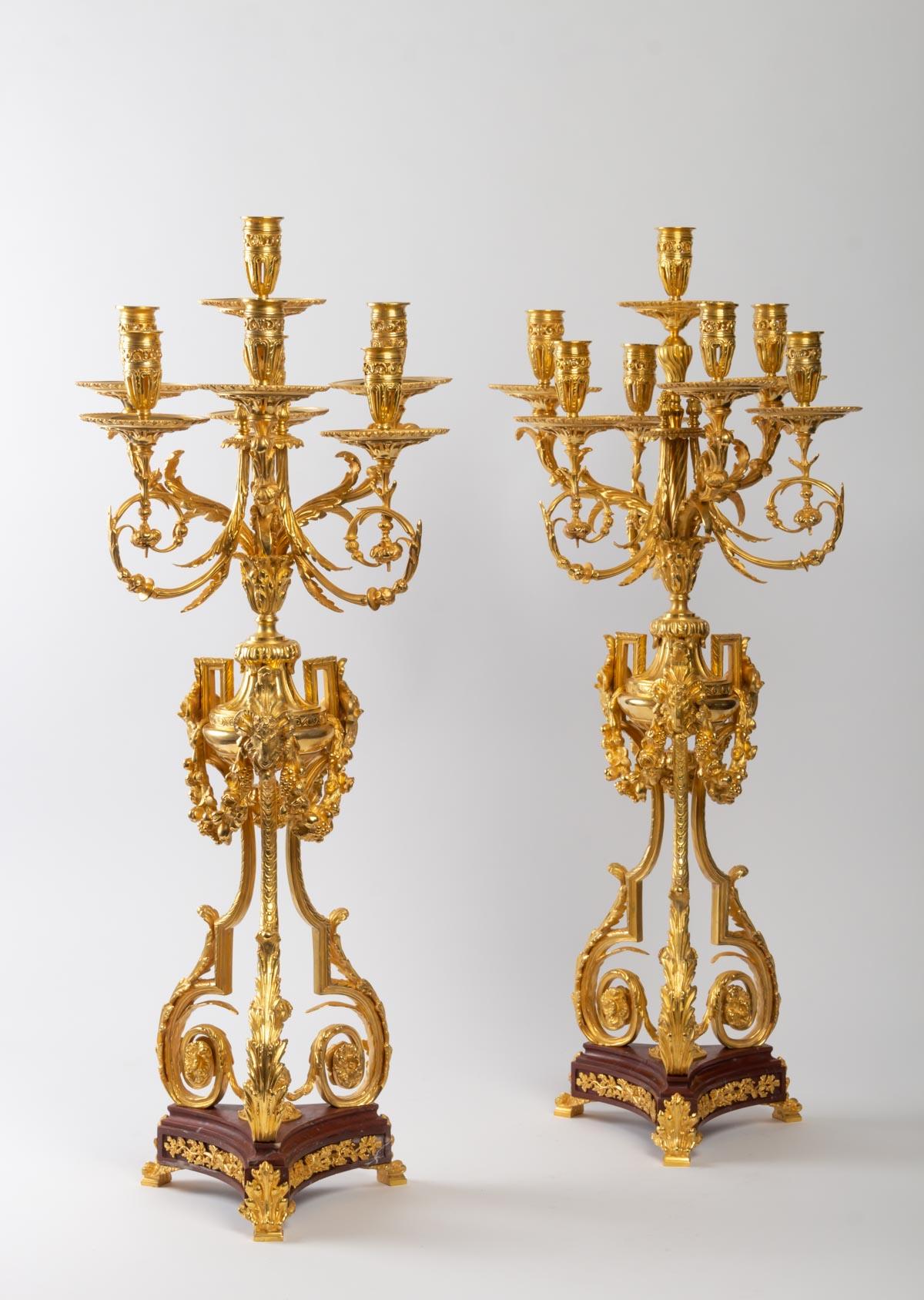 Pair of Important Candelabra in Gilt Bronze and Griotte Marble 2