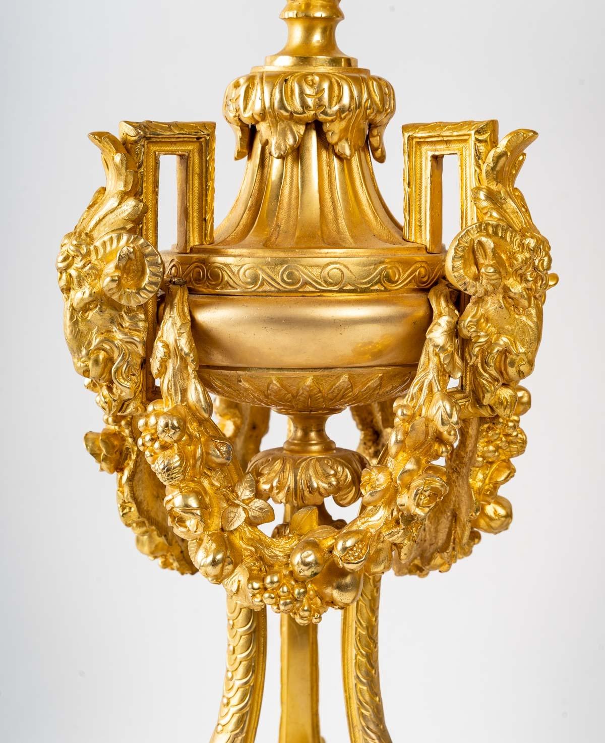 Pair of Important Candelabra in Gilt Bronze and Griotte Marble 3