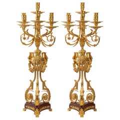 Pair of Important Candelabra in Gilt Bronze and Griotte Marble