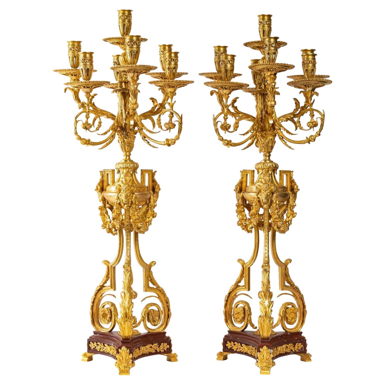 Pair of Important Candelabra in Gilt Bronze and Griotte Marble