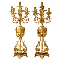 Pair of Important Candelabra in Gilt Bronze and Griotte Marble