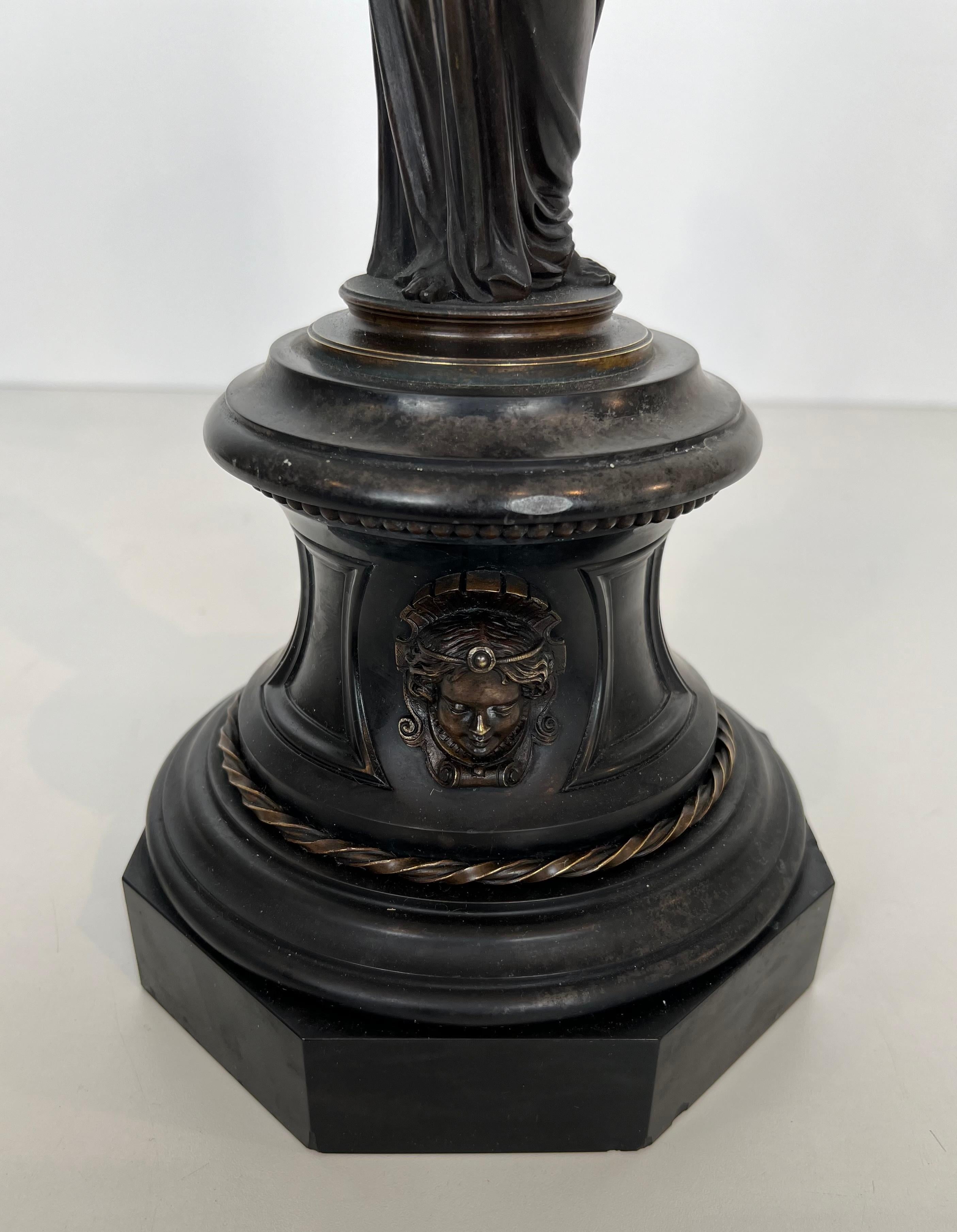 Pair of Important Candelabra in Patinated Bronze Presenting Caryatids Carrying For Sale 5
