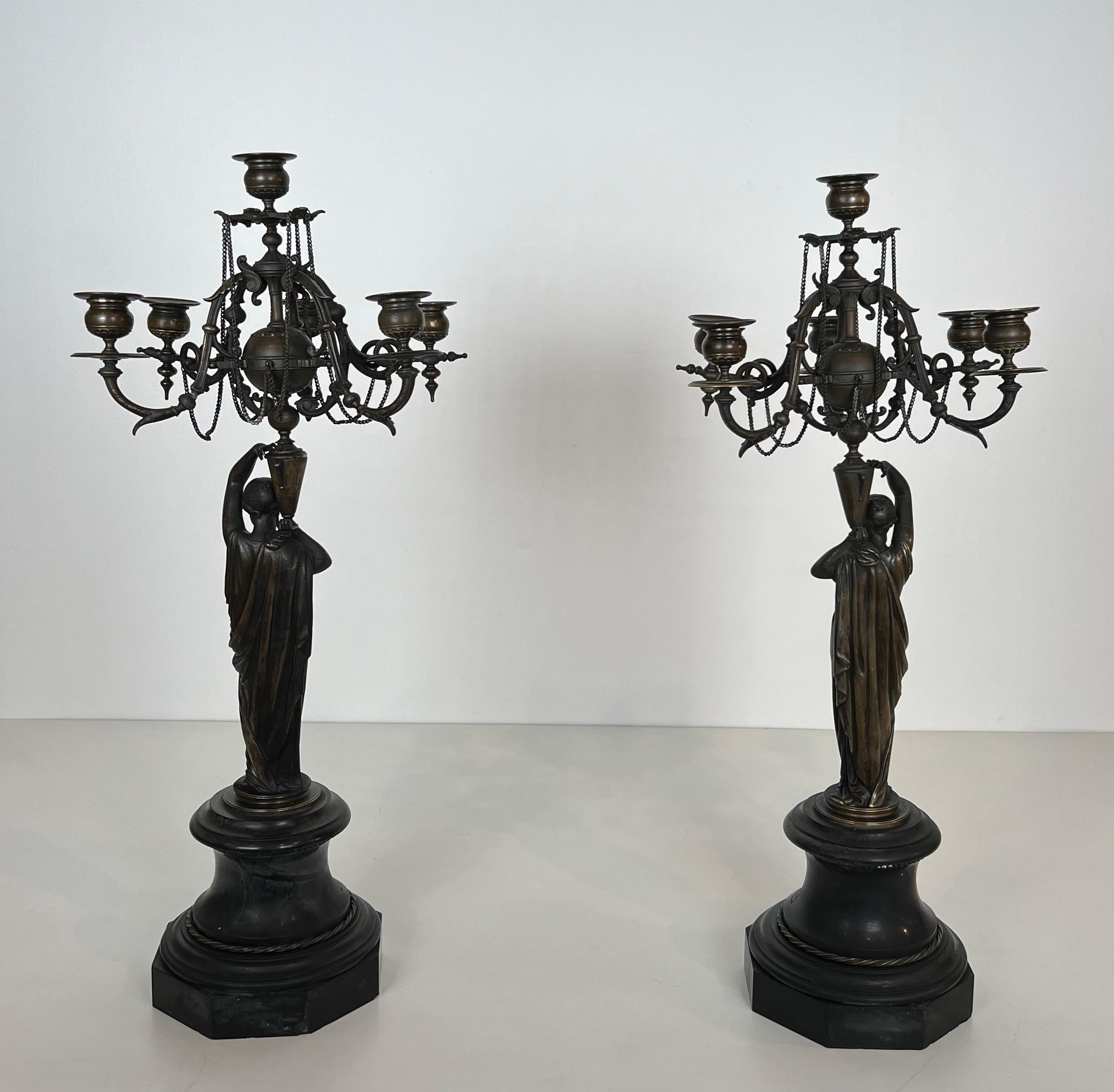 Pair of Important Candelabra in Patinated Bronze Presenting Caryatids Carrying For Sale 7