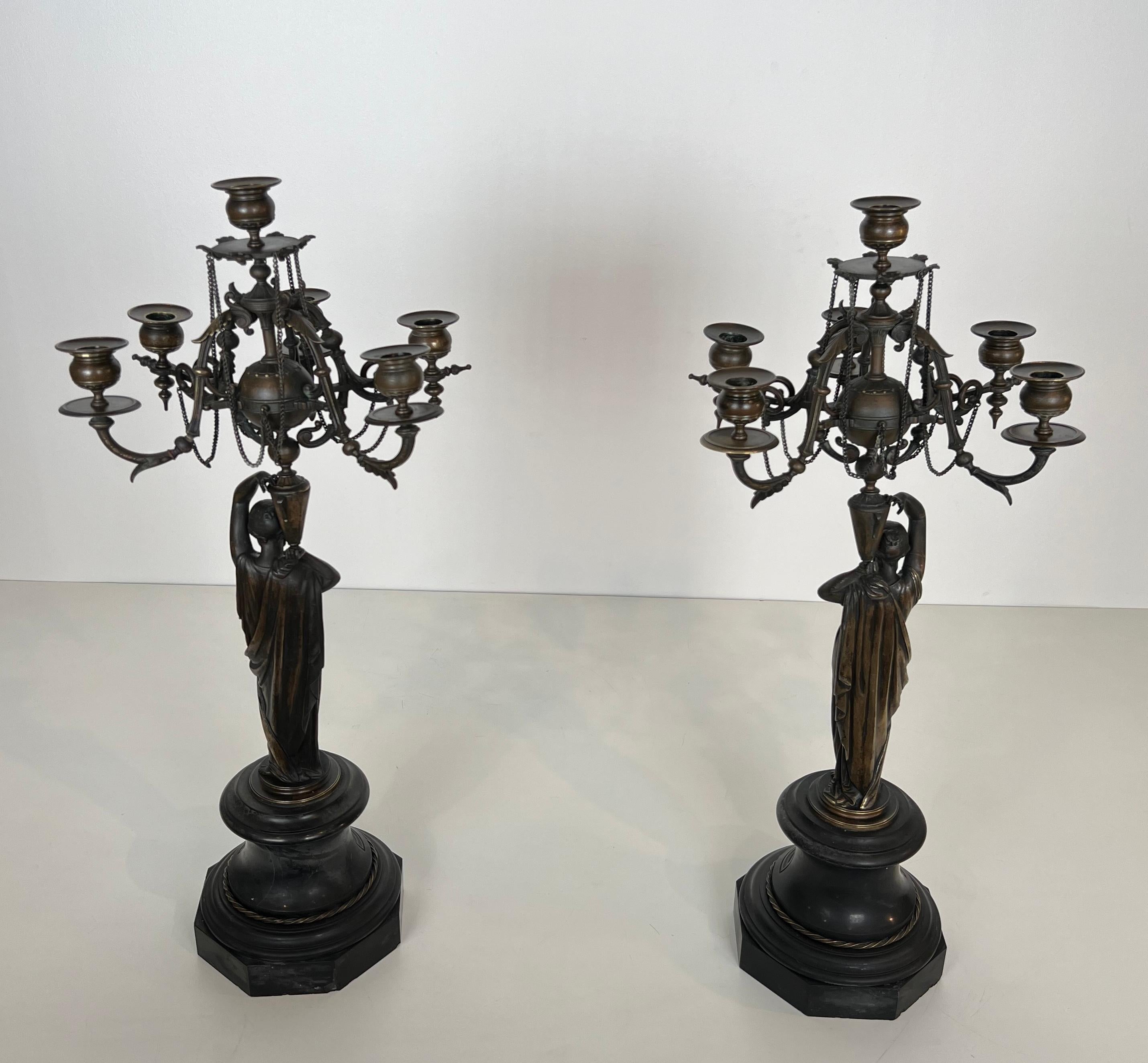 Pair of Important Candelabra in Patinated Bronze Presenting Caryatids Carrying For Sale 8