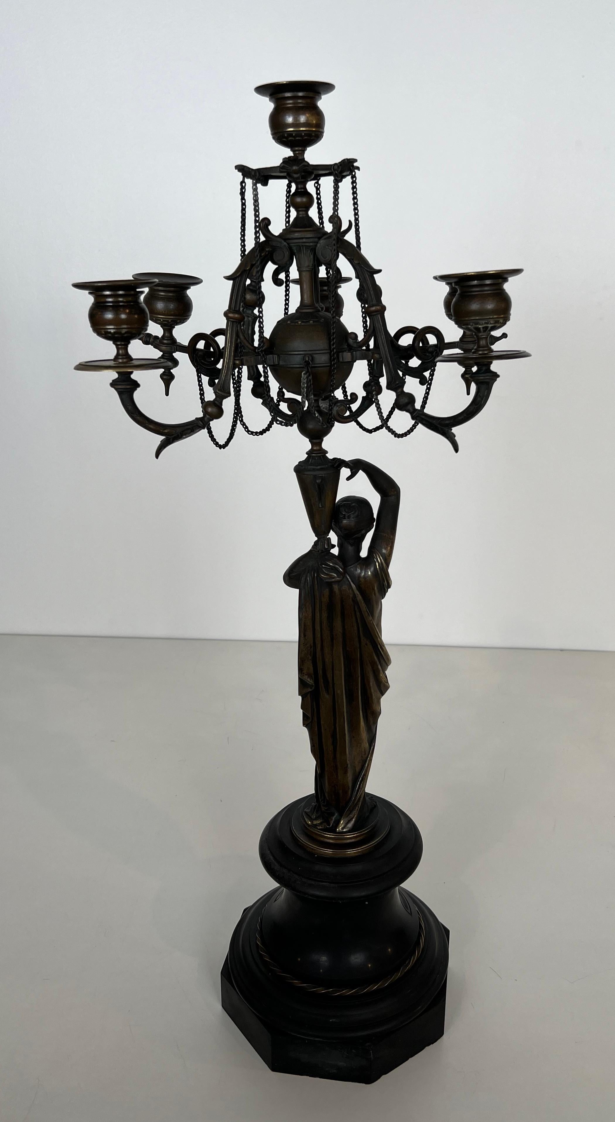 Pair of Important Candelabra in Patinated Bronze Presenting Caryatids Carrying For Sale 9