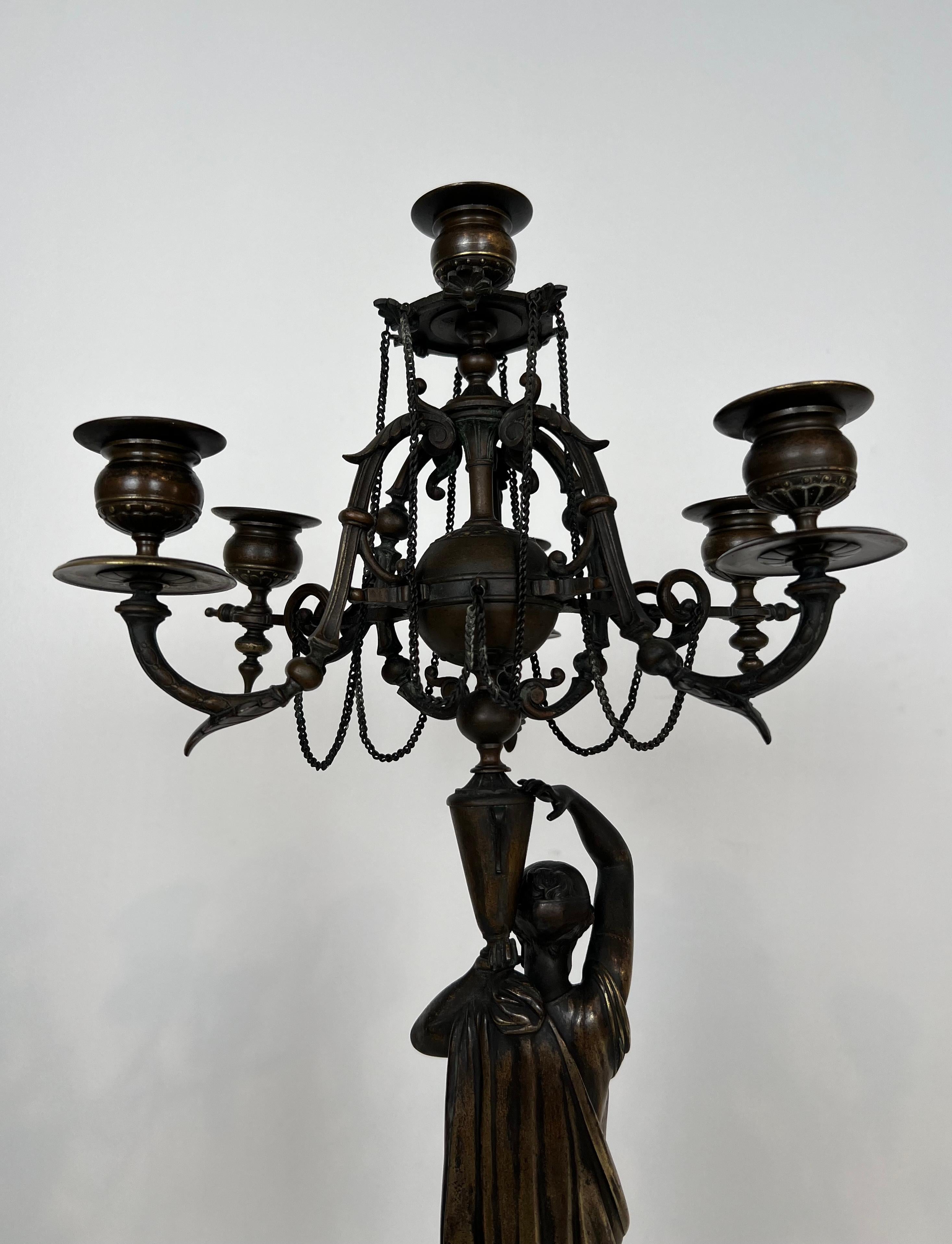 Pair of Important Candelabra in Patinated Bronze Presenting Caryatids Carrying For Sale 10
