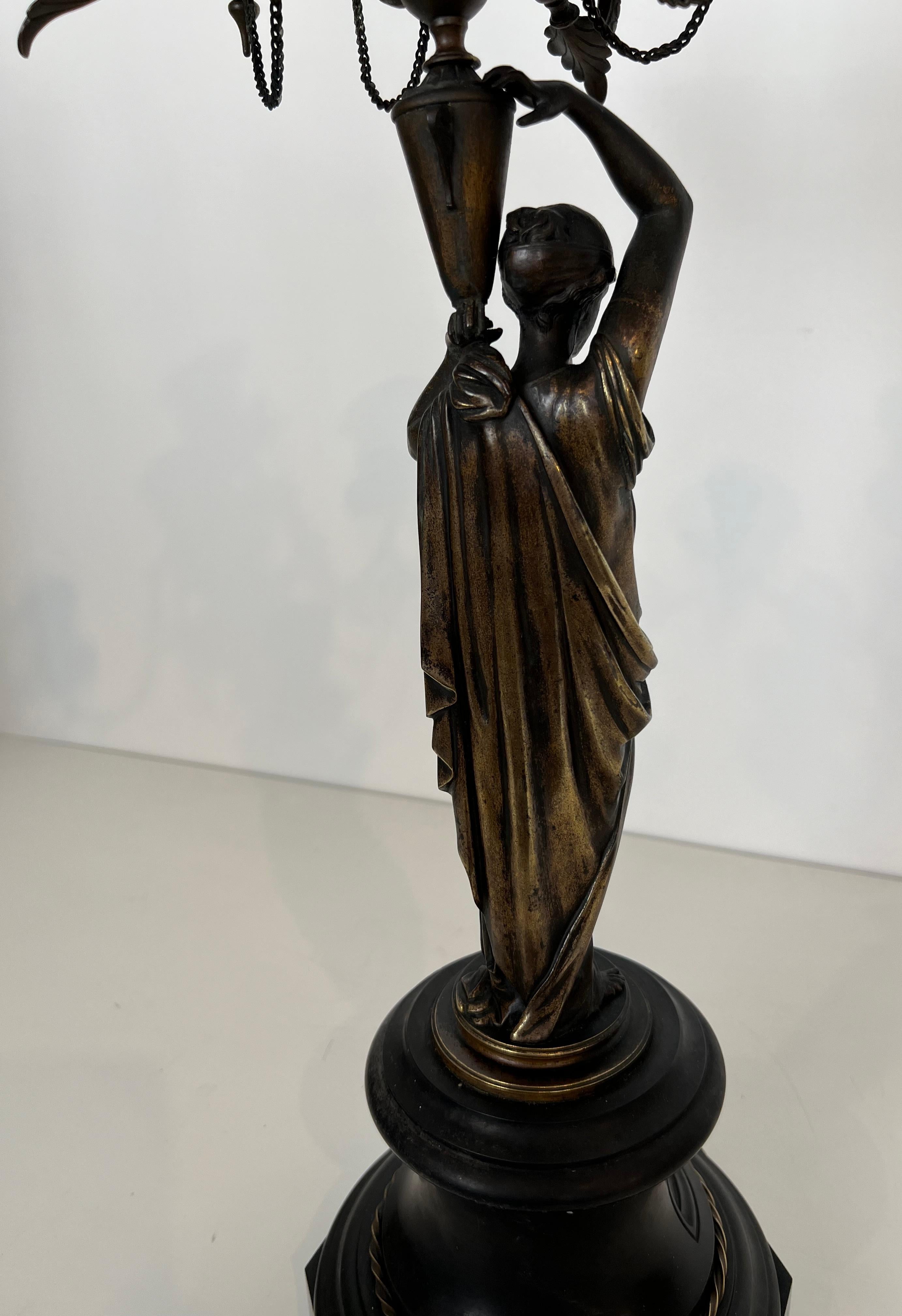 Pair of Important Candelabra in Patinated Bronze Presenting Caryatids Carrying For Sale 11