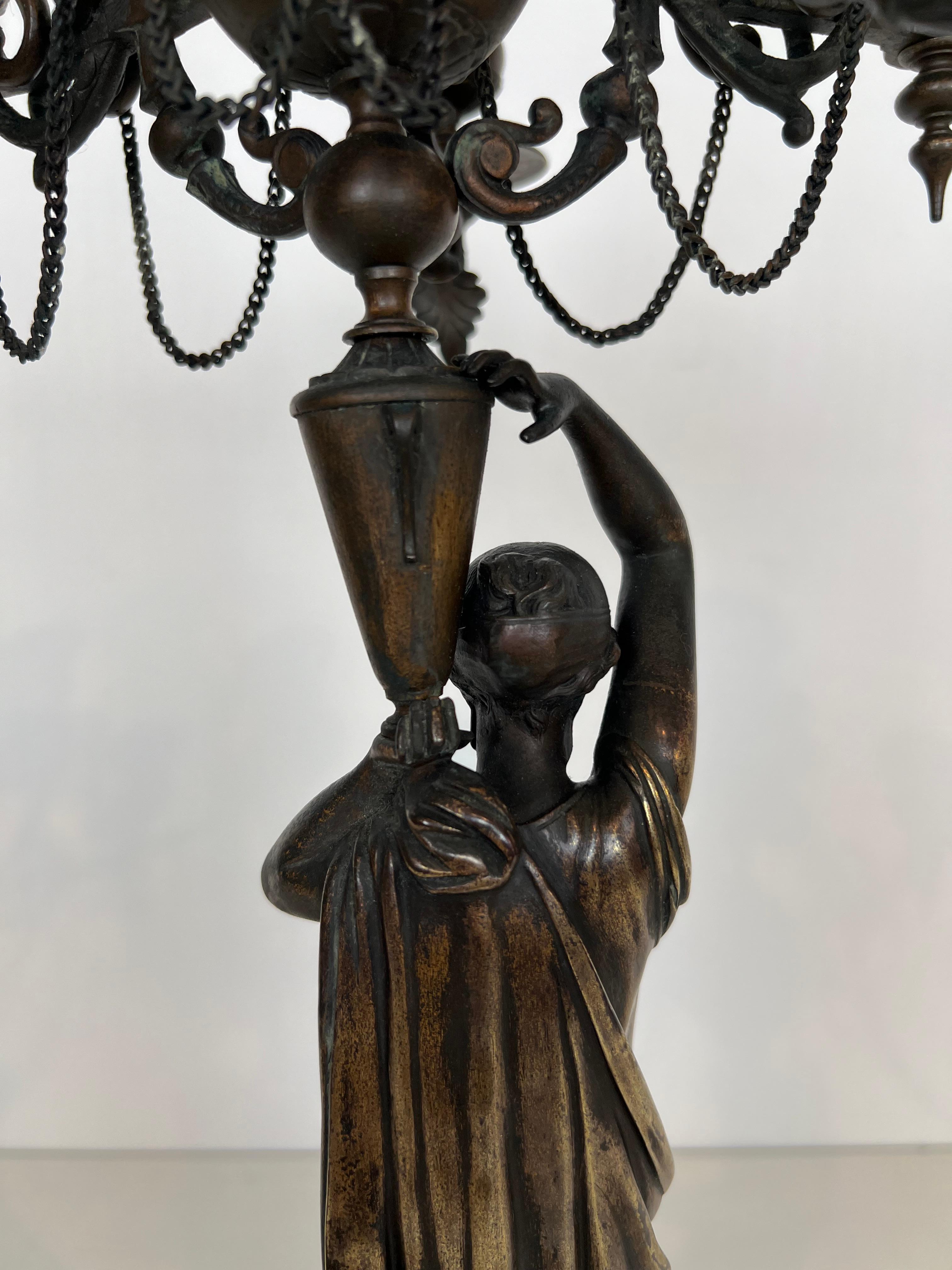 Pair of Important Candelabra in Patinated Bronze Presenting Caryatids Carrying For Sale 12