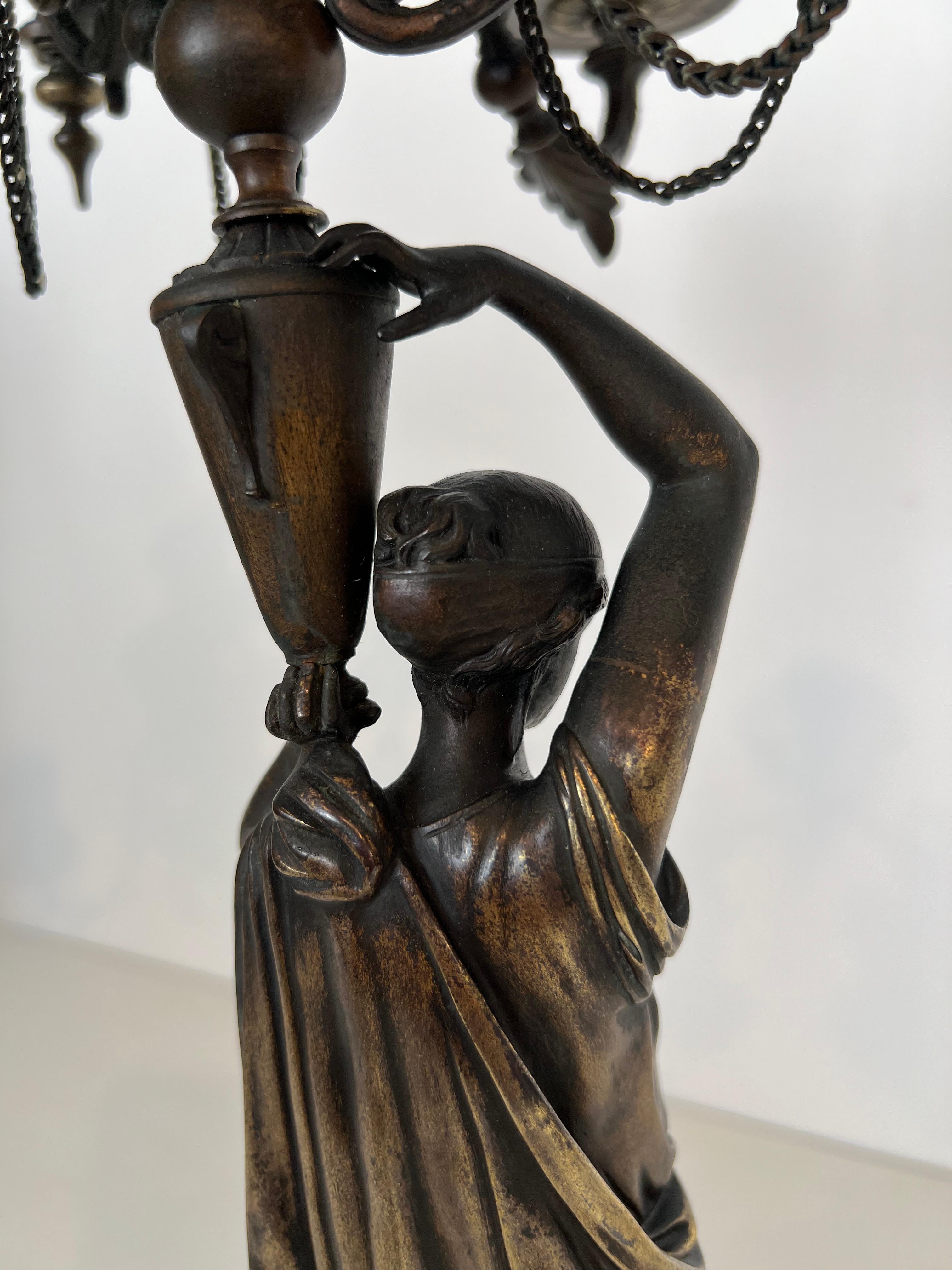 Pair of Important Candelabra in Patinated Bronze Presenting Caryatids Carrying For Sale 13