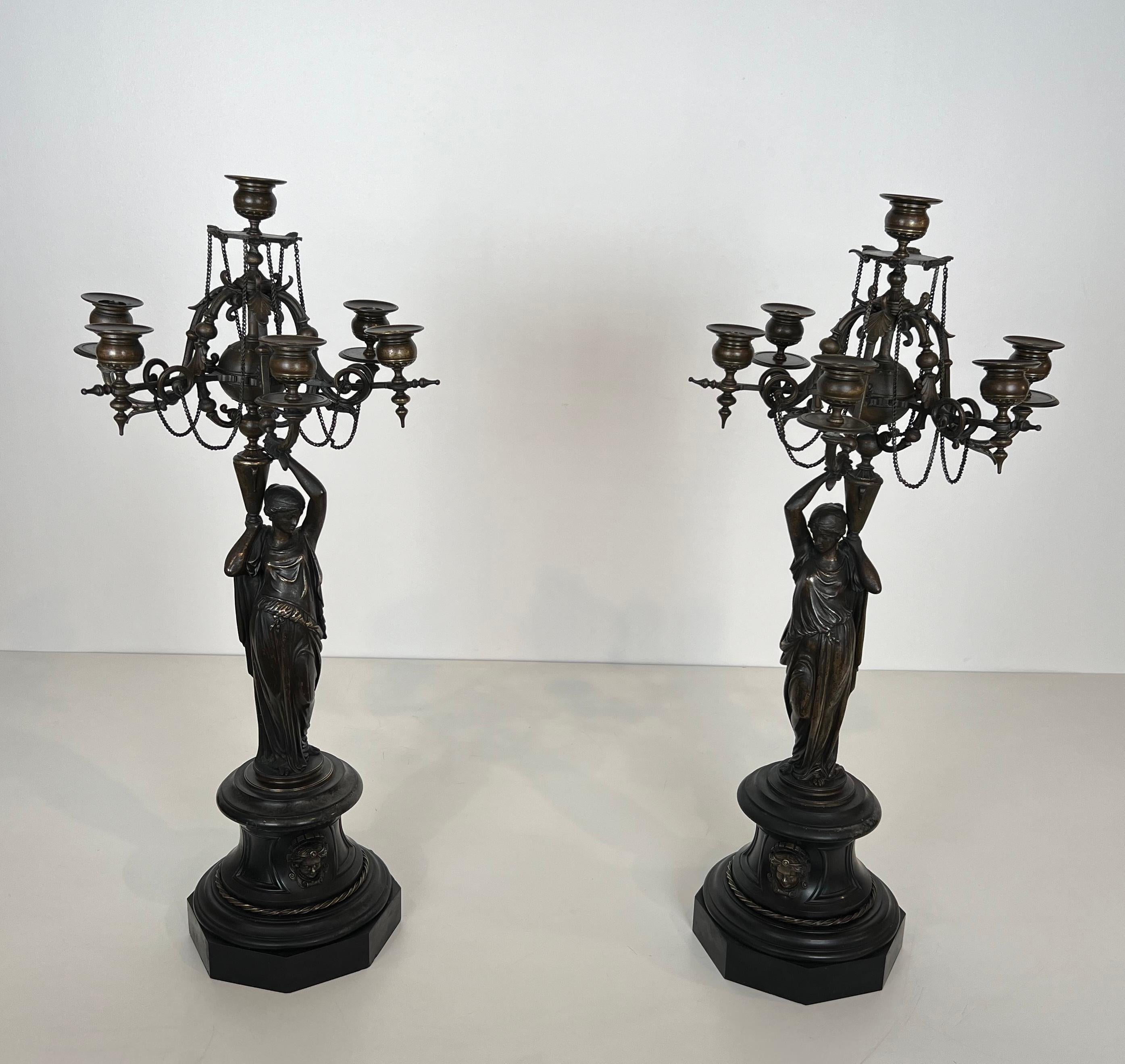 Pair of Important Candelabra in Patinated Bronze Presenting Caryatids Carrying For Sale 15