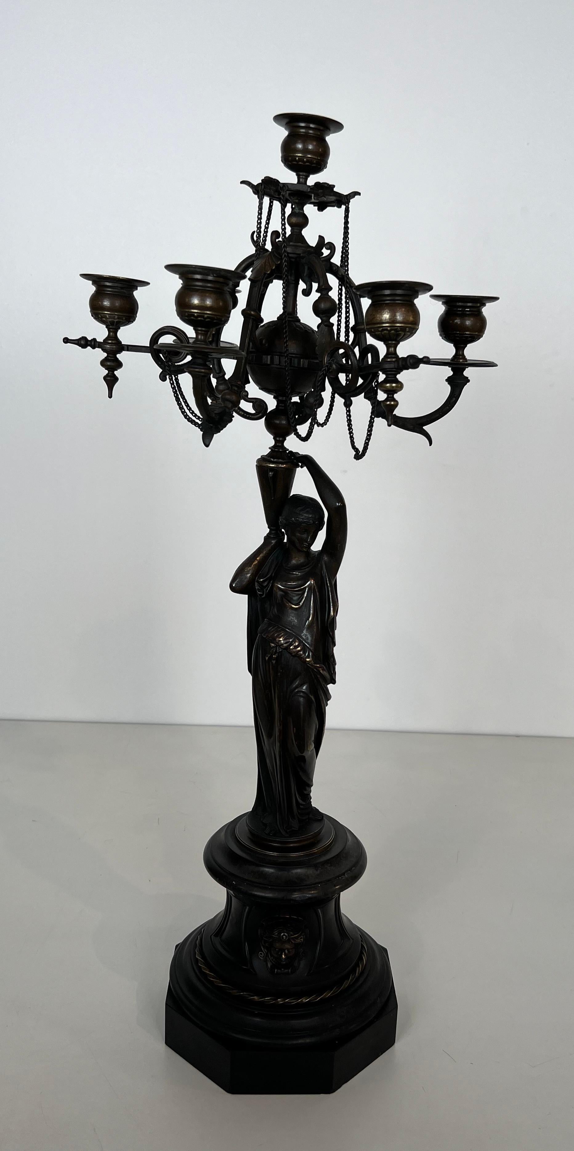 French Pair of Important Candelabra in Patinated Bronze Presenting Caryatids Carrying For Sale