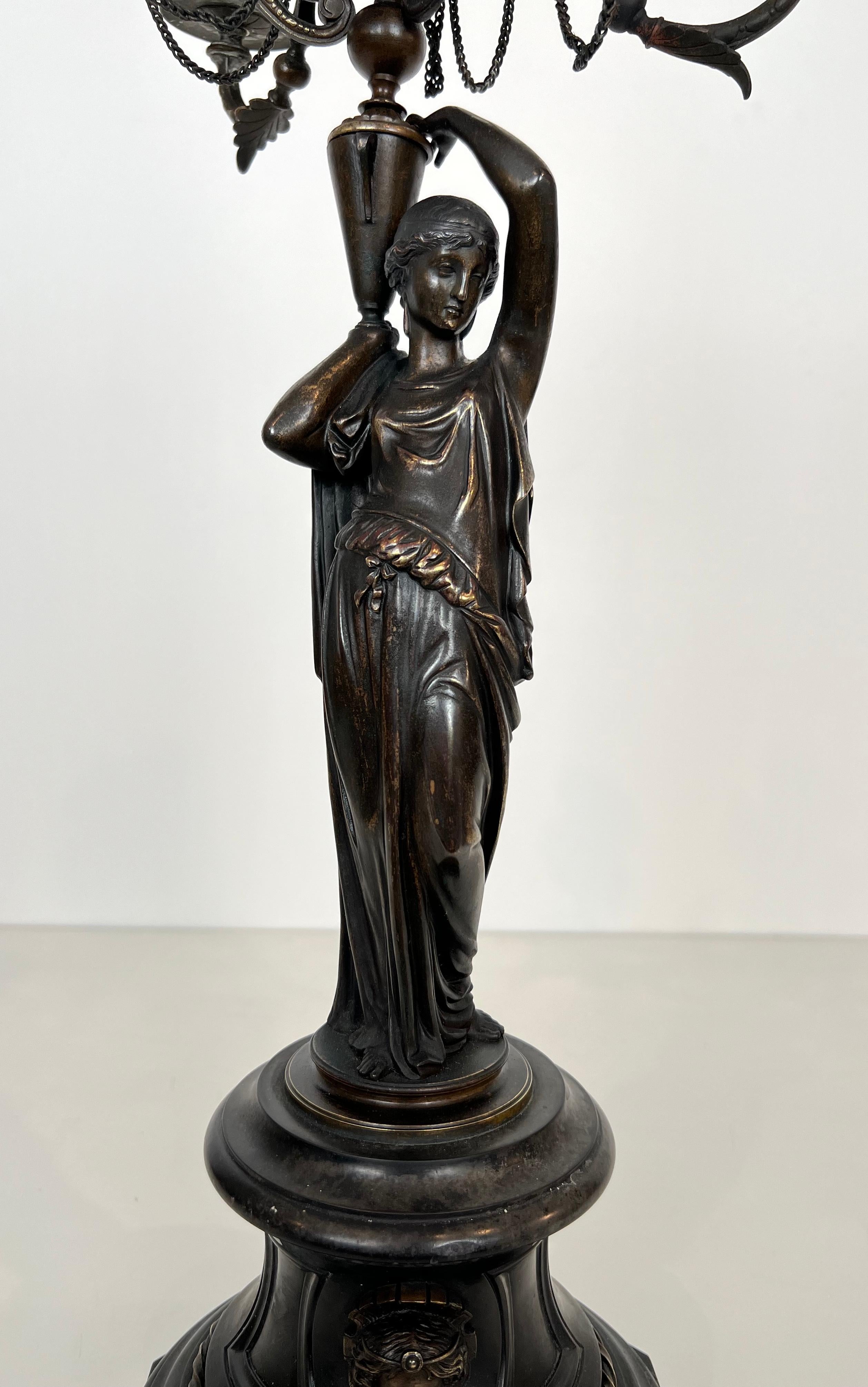 Early 20th Century Pair of Important Candelabra in Patinated Bronze Presenting Caryatids Carrying For Sale