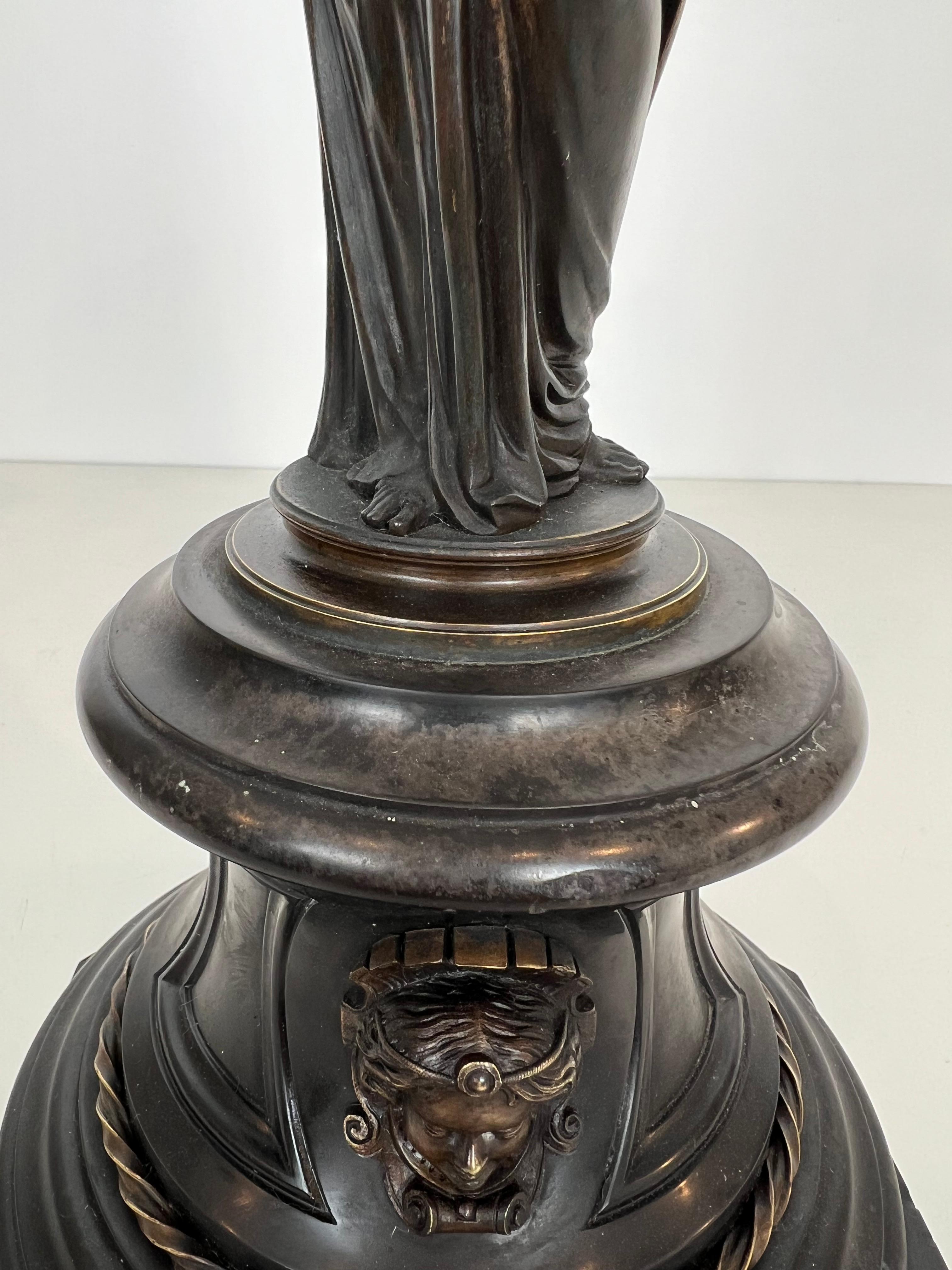 Pair of Important Candelabra in Patinated Bronze Presenting Caryatids Carrying For Sale 3