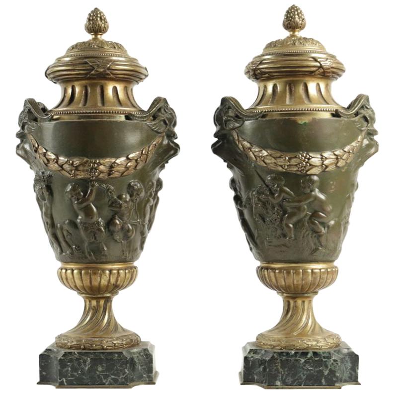 Pair of Important Cassolettes Napoleon III, Gilt Bronze and Patinated
