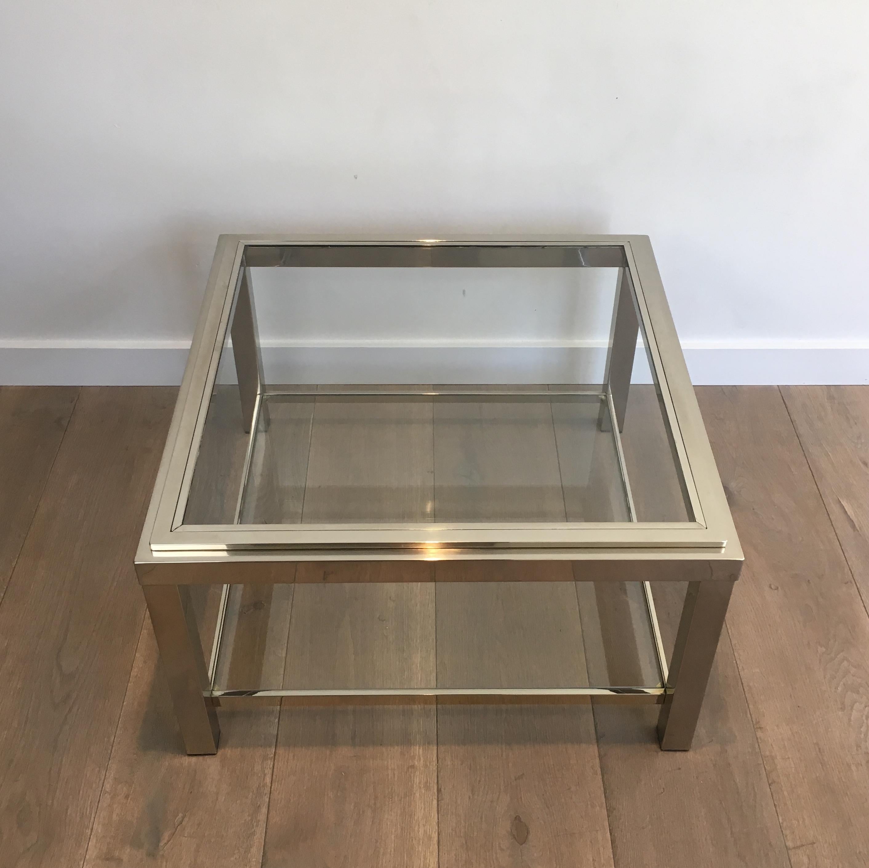 Glass Pair of Important Chrome Side Tables, French, circa 1970 For Sale