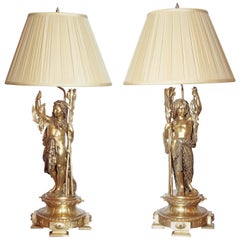 Antique Pair of Important French Gilt Bronze Figural Lamps