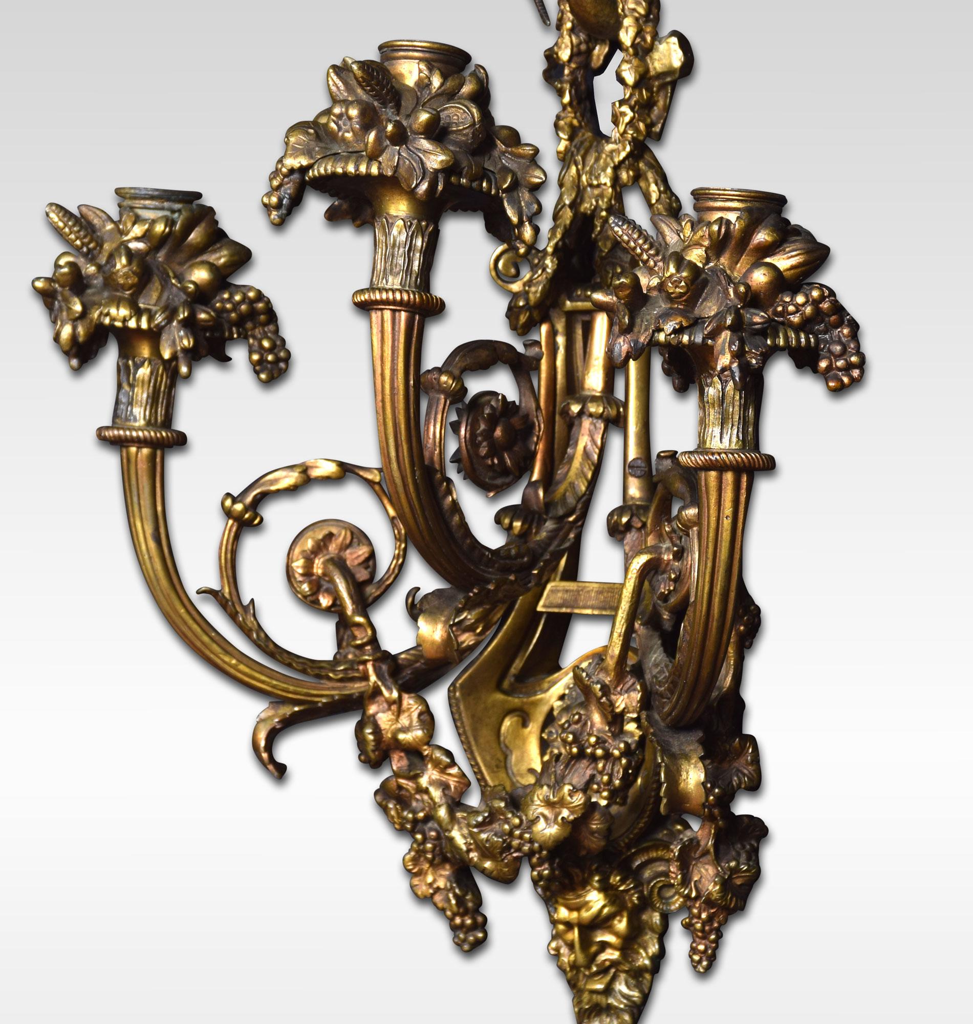Pair of Important French Louis XIV Style Gilt Bronze Three Arm Wall Sconces In Good Condition For Sale In Cheshire, GB