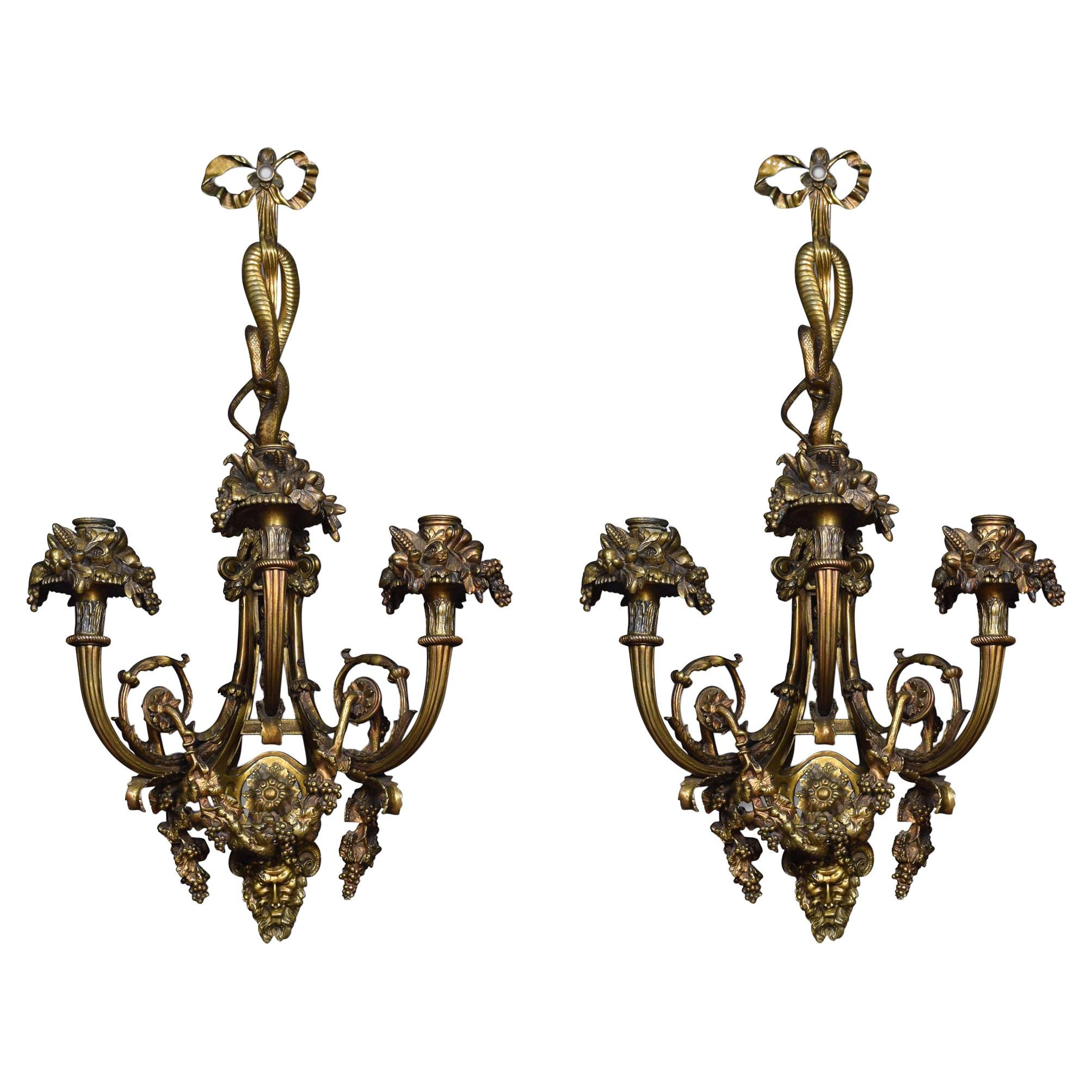 Pair of Important French Louis XIV Style Gilt Bronze Three Arm Wall Sconces
