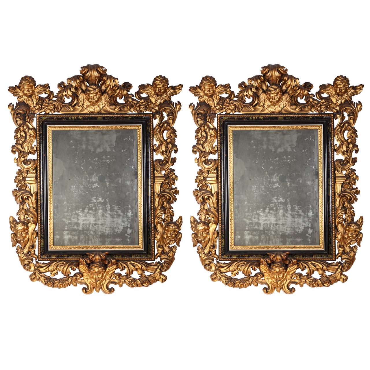 Pair of Important Italian 17th Century Giltwood Baroque Mirrors, 1680 For Sale 8