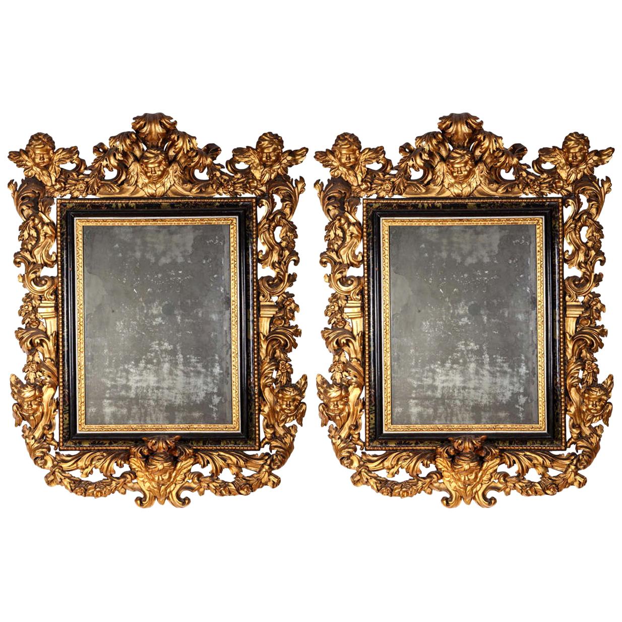 Pair of Important Italian 17th Century Giltwood Baroque Mirrors, 1680 For Sale