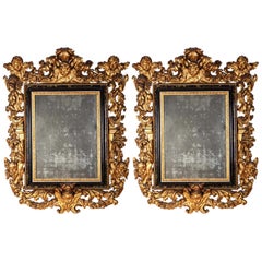 Pair of Important Italian 17th Century Giltwood Baroque Mirrors, 1680