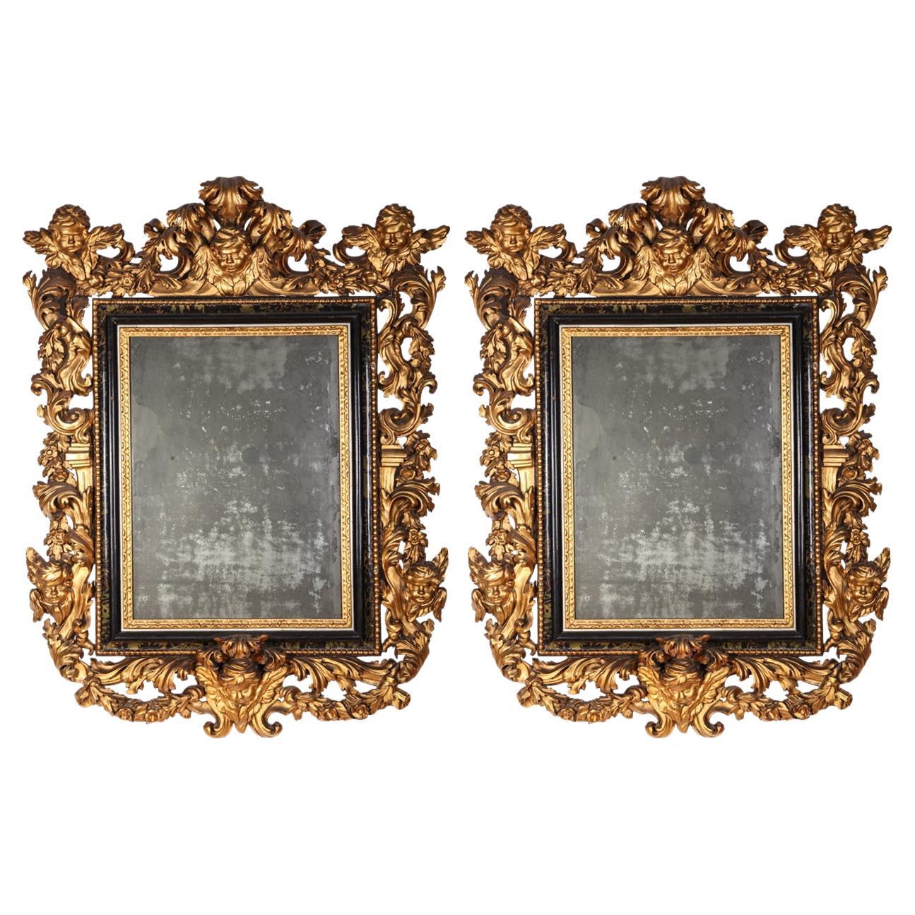 Pair of Important Italian 17th Century Giltwood Baroque Mirrors, 1680