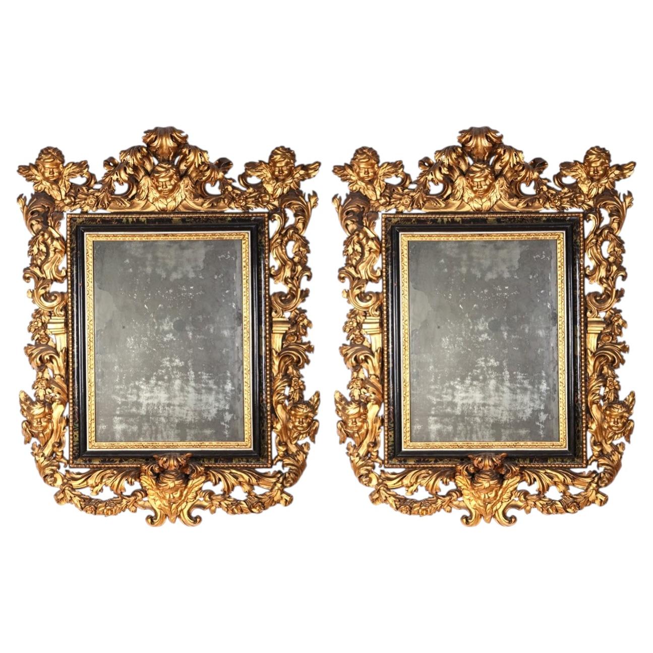 Pair of Important Italian 17th Century Giltwood Baroque Mirrors, 1680