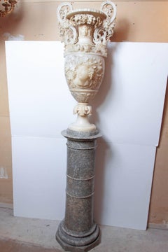 Pair of Important Monumental Italian Alabaster Urns on Pedestals
