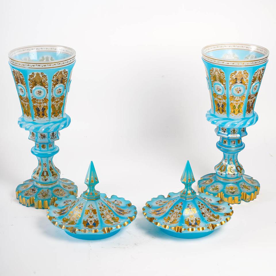 Napoleon III Pair of Important Opaline Overlay Cups