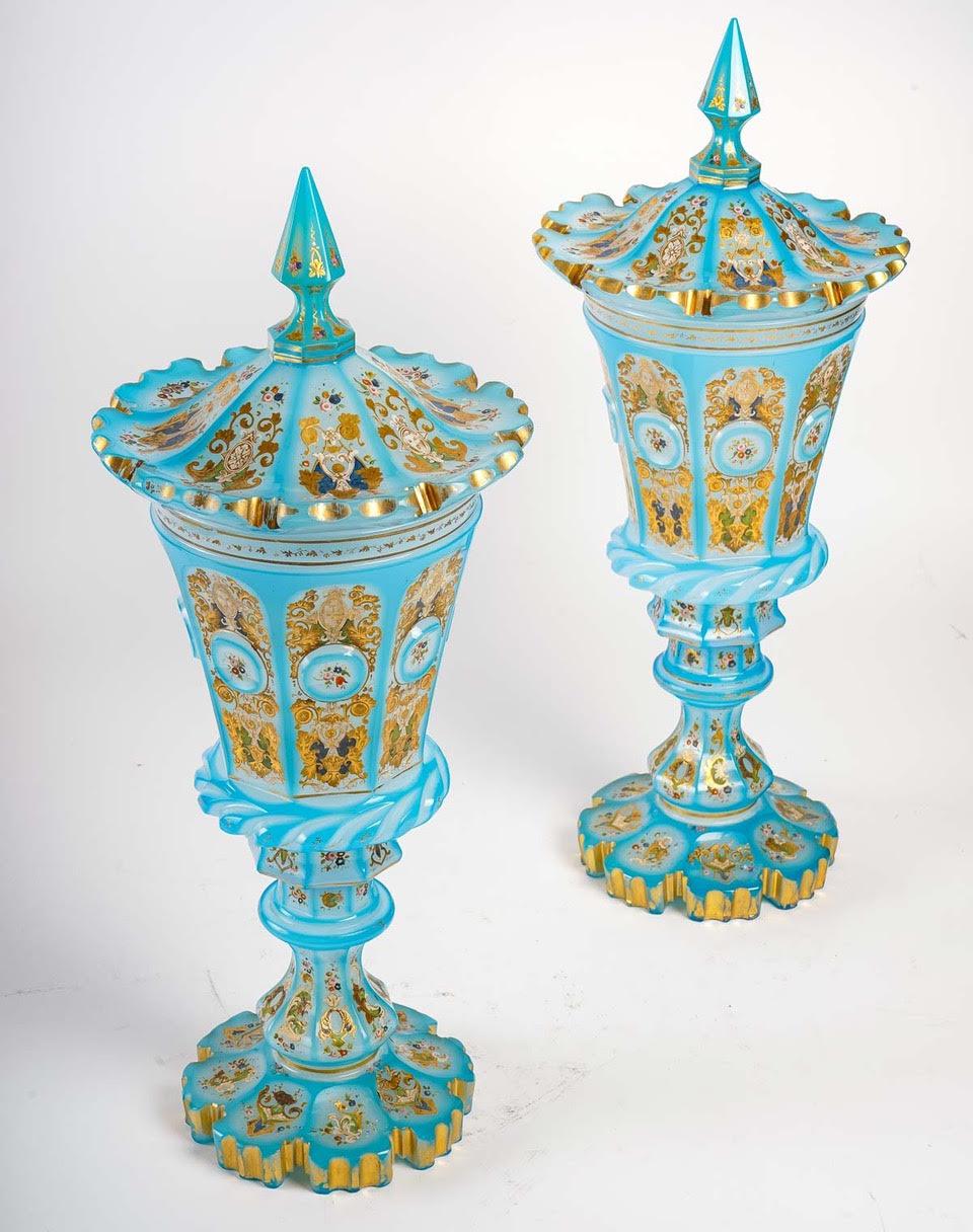 Opaline Glass Pair of Important Opaline Overlay Cups
