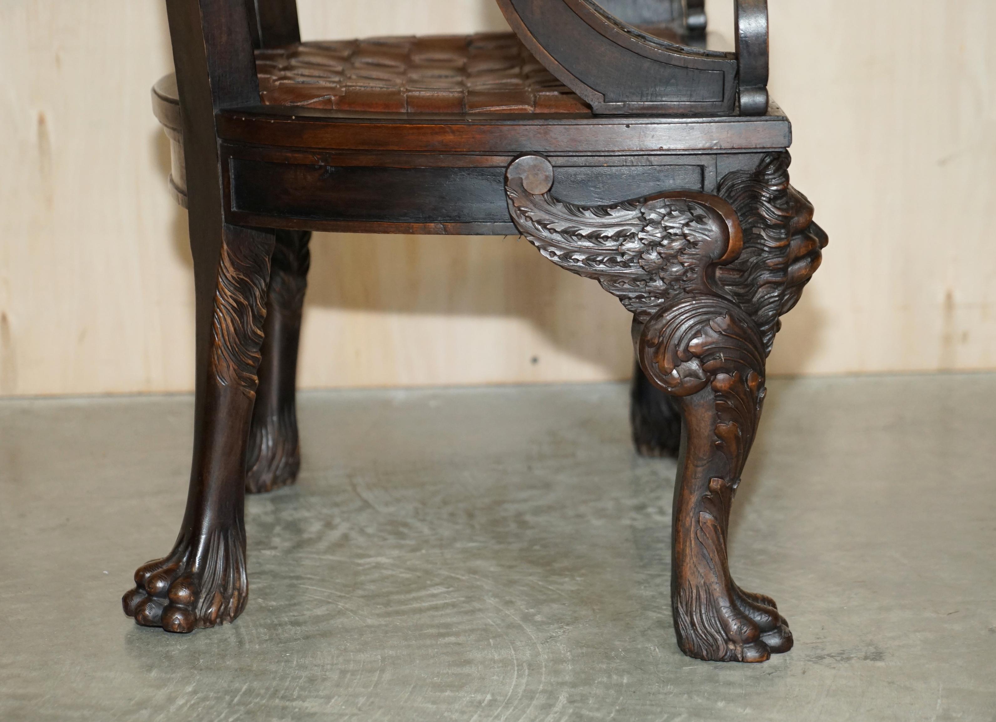 Pair of Important Original Antique Klismos Armchairs Carved Lions Woven Leather For Sale 5