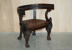 Pair of Important Original Antique Klismos Armchairs Carved Lions Woven Leather