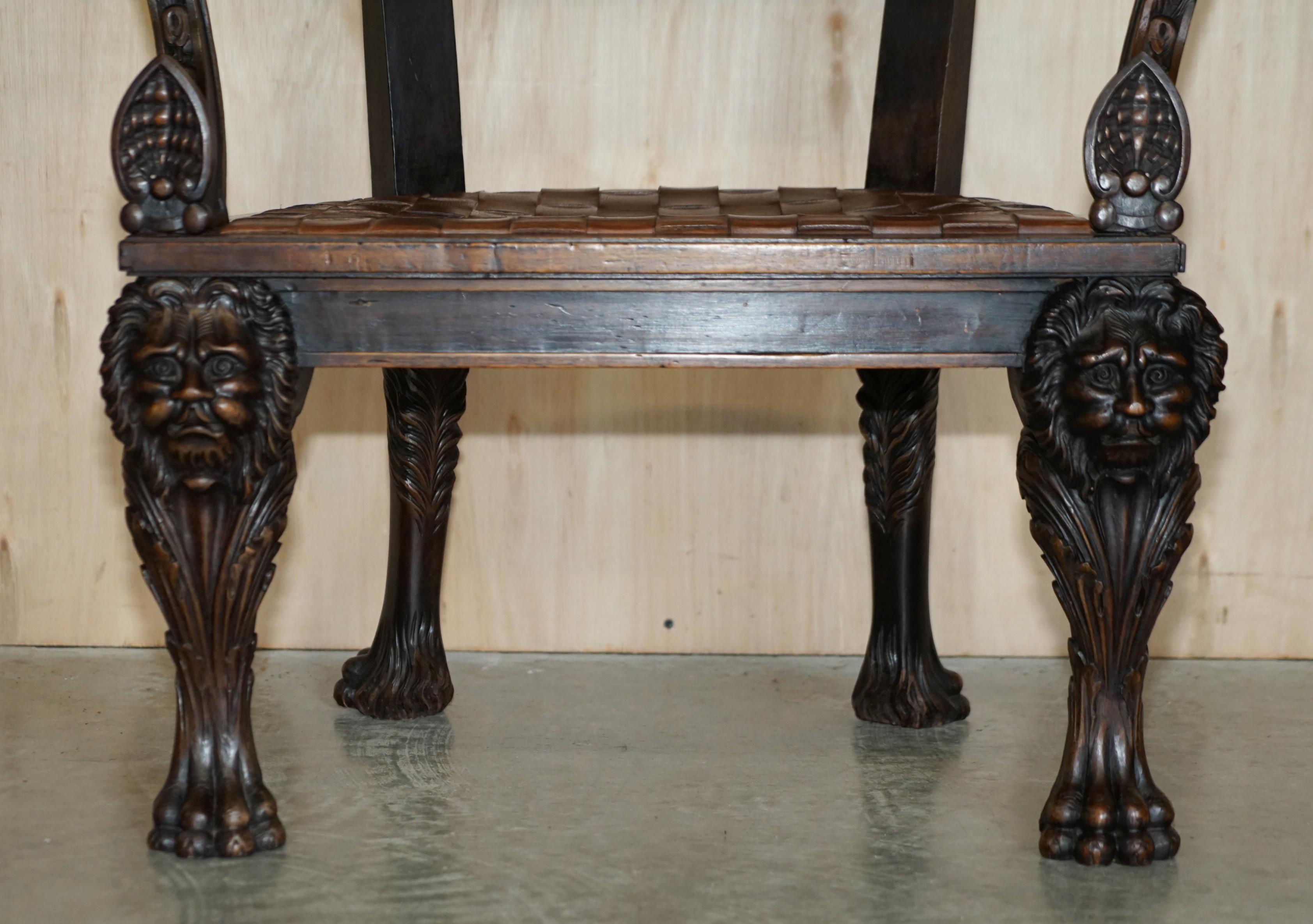 Greek Pair of Important Original Antique Klismos Armchairs Carved Lions Woven Leather For Sale