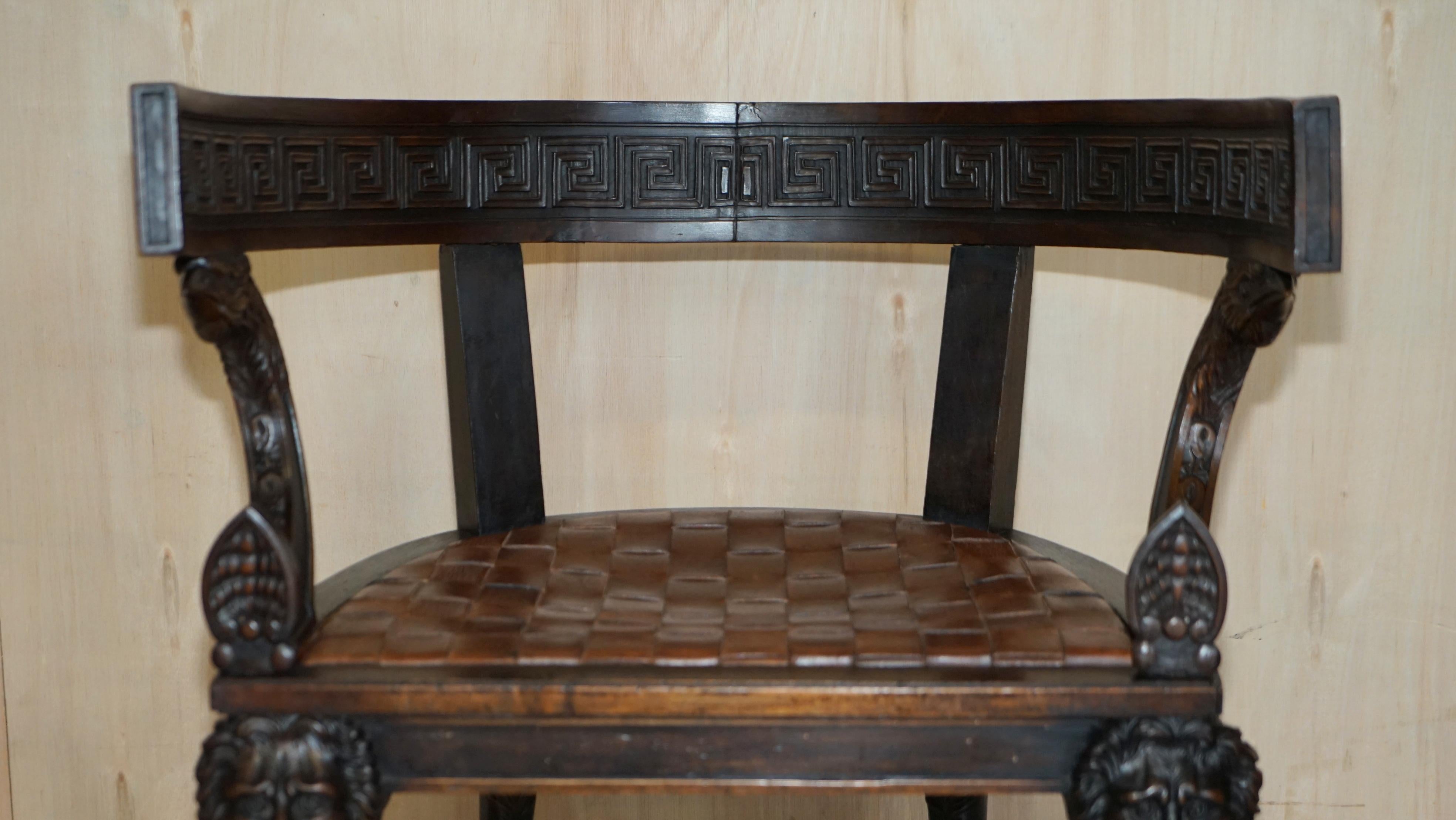 Beech Pair of Important Original Antique Klismos Armchairs Carved Lions Woven Leather For Sale
