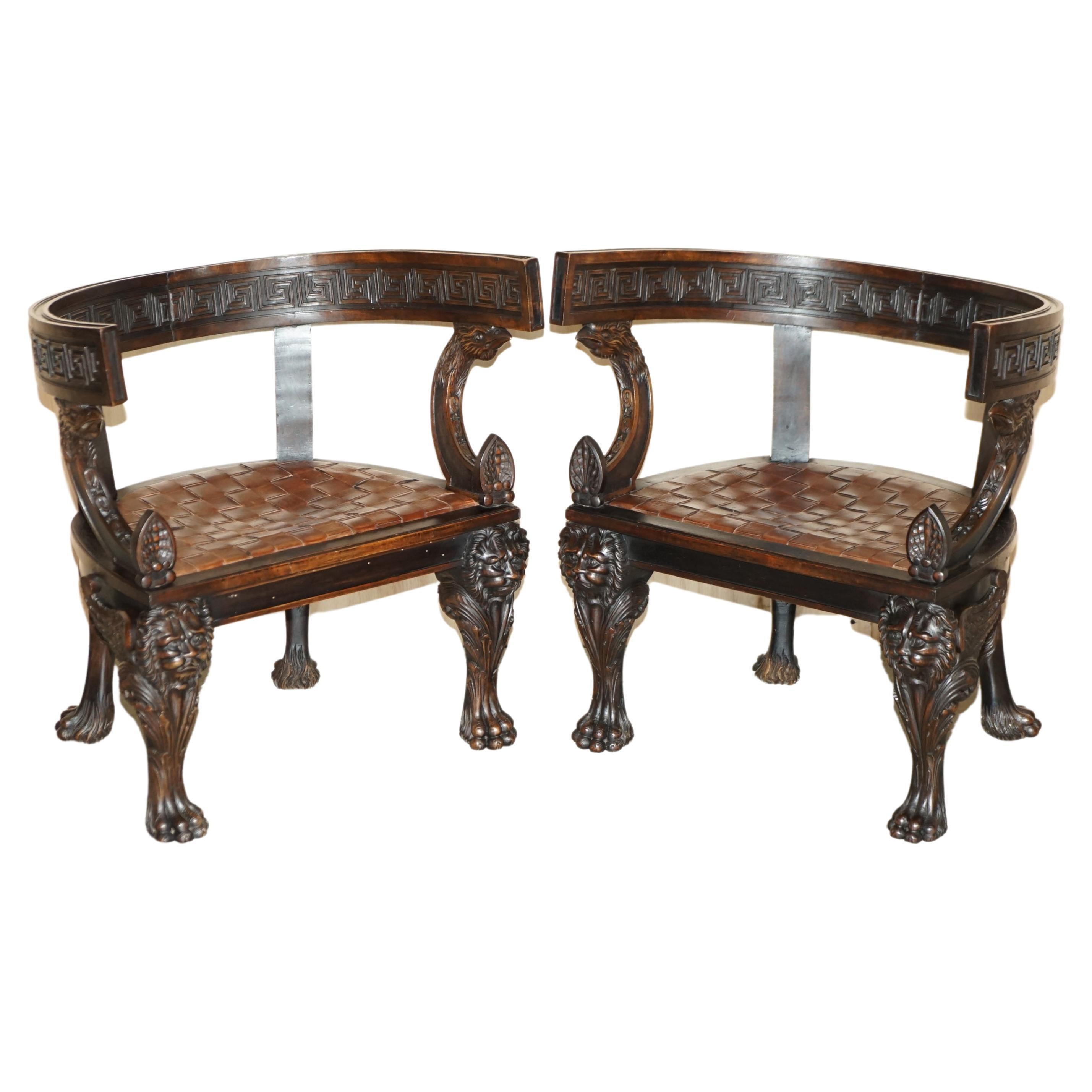 Pair of Important Original Antique Klismos Armchairs Carved Lions Woven Leather For Sale