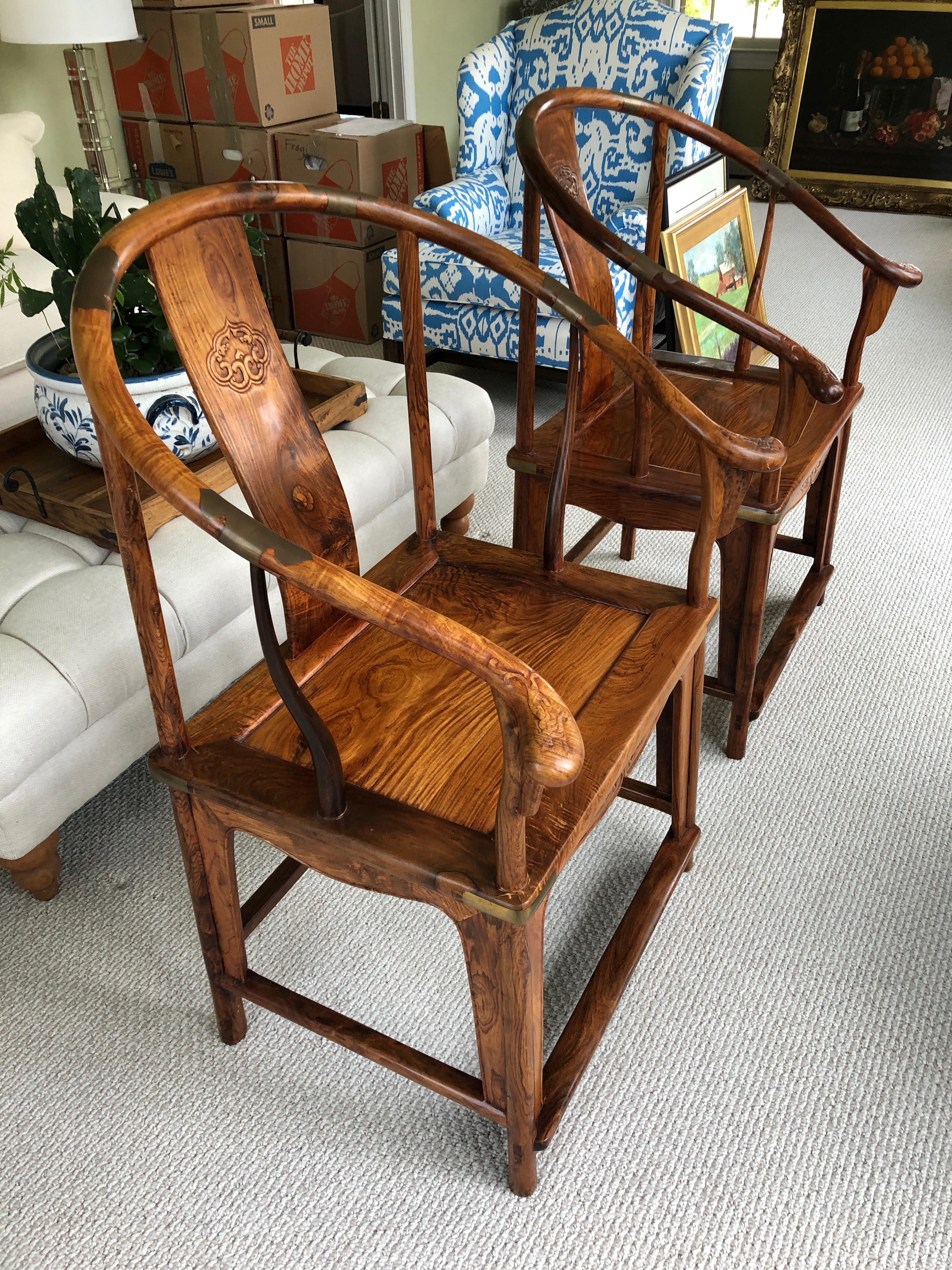 Pair of Important Qing Dynasty Huanghuali 19th Century Horse Shoe Armchairs 8