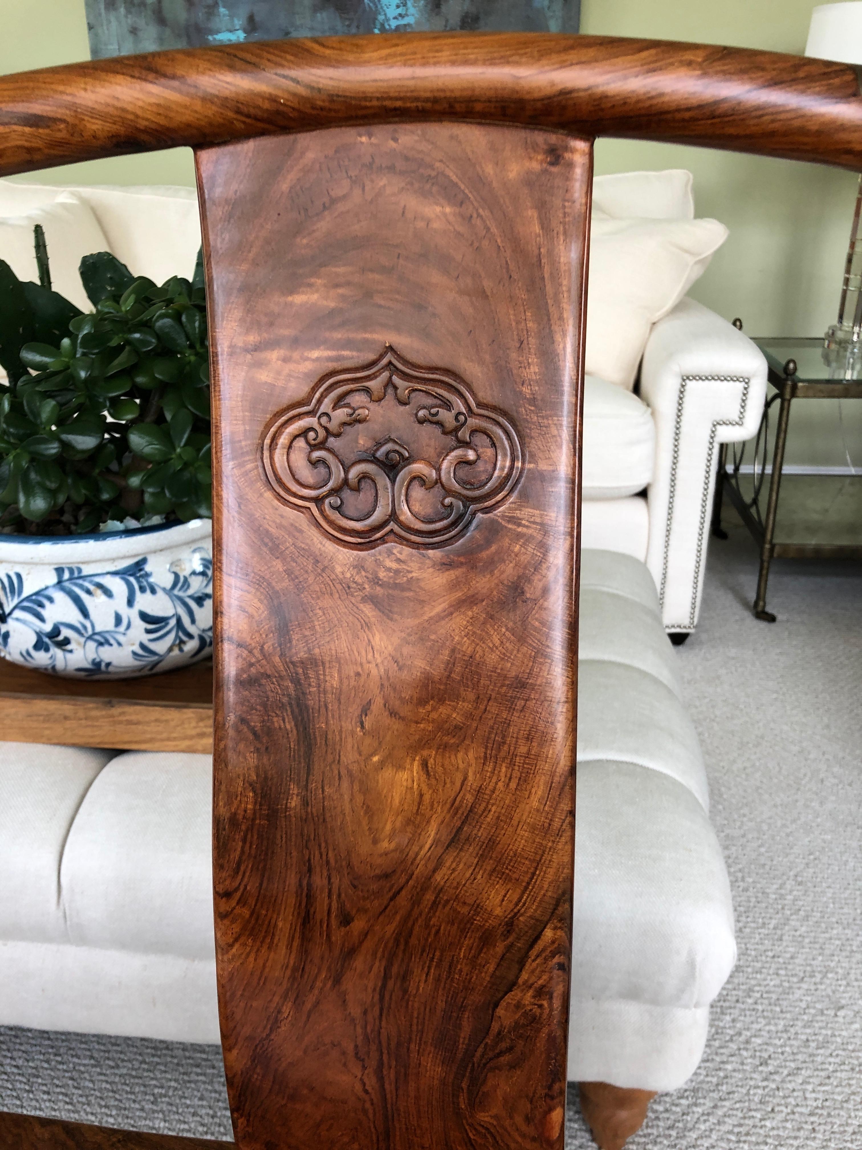 Hardwood Pair of Important Qing Dynasty Huanghuali 19th Century Horse Shoe Armchairs