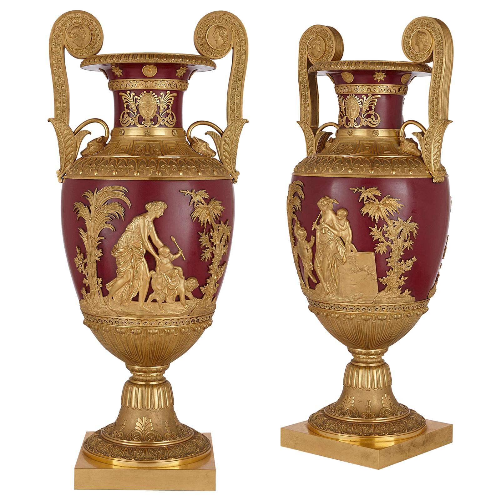 Pair of Important Russian Gilt Bronze and Metal Vases For Sale