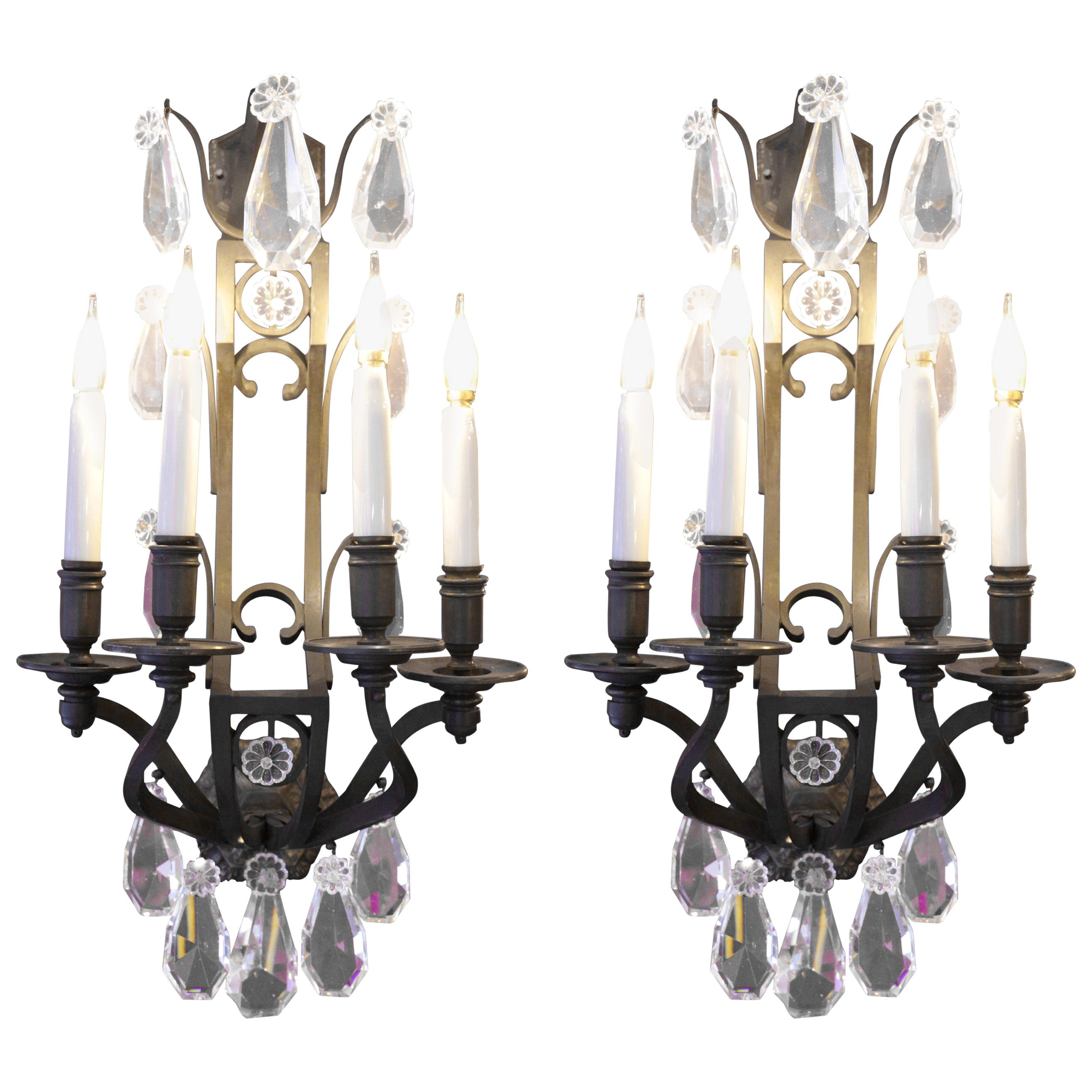 Pair of Important Sconces in Bronze with Crystals from the 19th Century For Sale