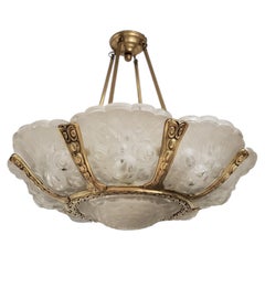 Pair of important Verreries Belge frosted art glass gilt bz blossom chandeliers